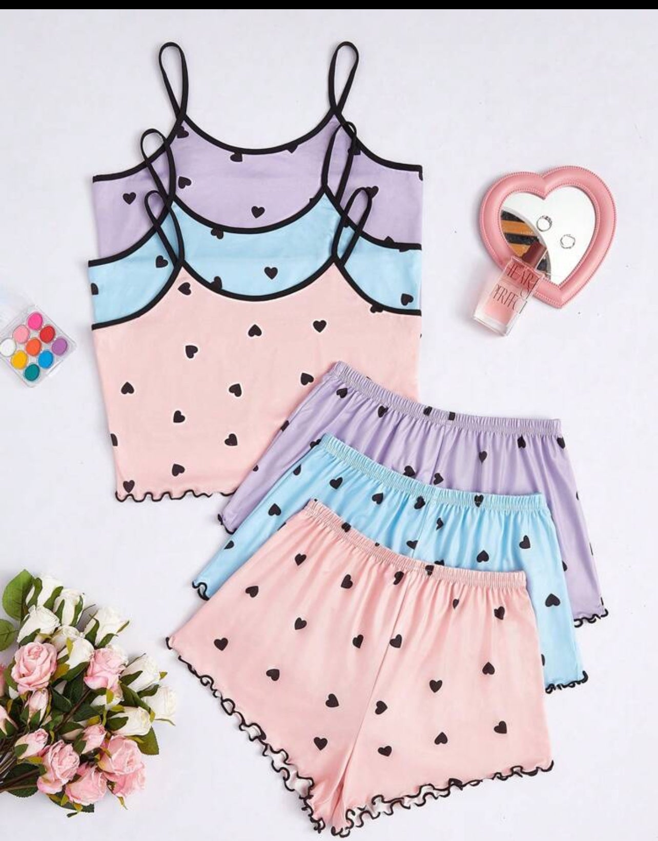 3pcs Women's Heart Printed Camisole & Shorts Pajama Set