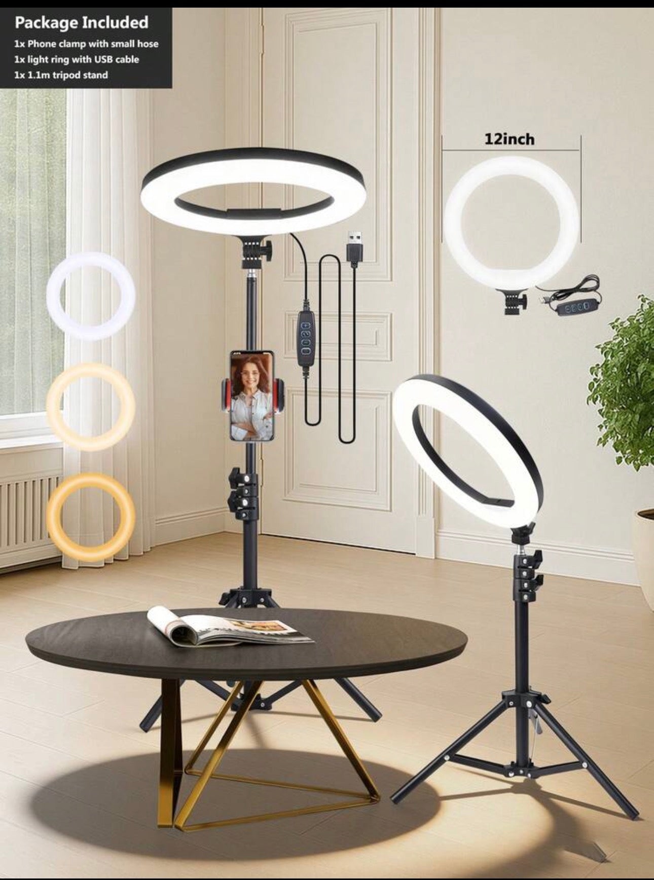 12-Inch LED Selfie Ring Light | Live Streaming Lighting | Multi-Functional LED Ring Light, With Segmented Telescopic Tripod, 3 Color Modes & Button Brightness Adjustment, Suitable For Mobile Phone LED Lighting, Makeup And Video Shooting. Suitable For Pho