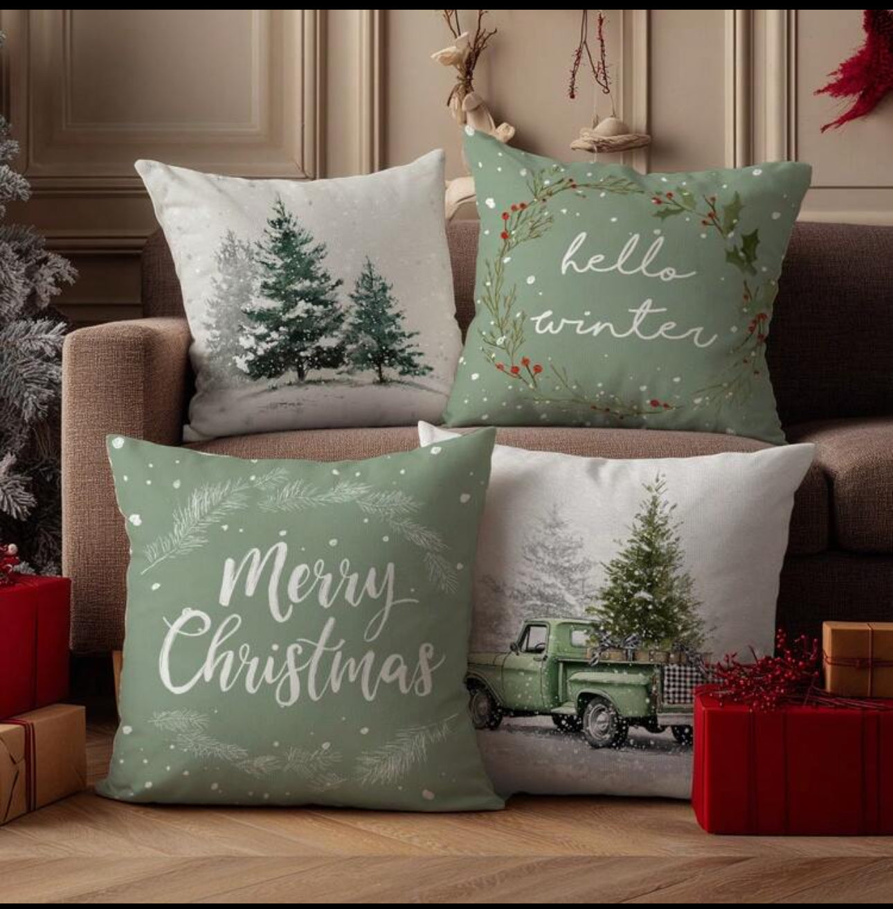 4pcs Christmas Tree, Pine Tree And Truck Printed Plush Velvet Pillow Covers, 45*45/50*50/40*40CM Cushion Covers For Modern Fabric Sofa, Indoor Decor, Party Decoration, Gift