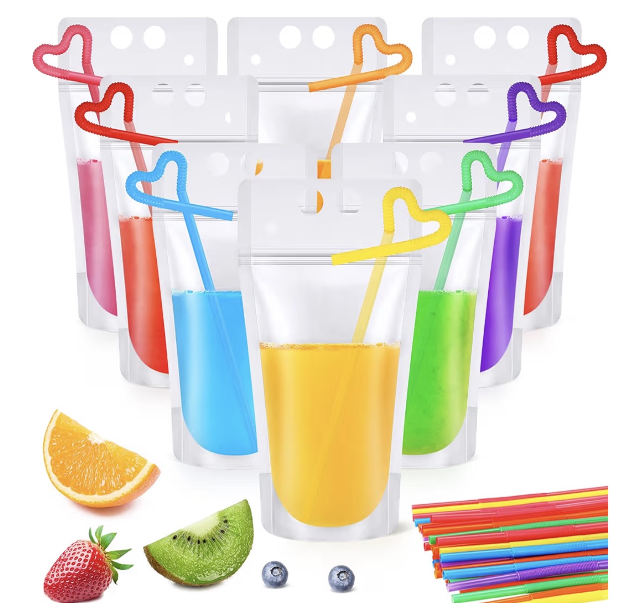 Nuenen 600 Pack Drink Pouches with Straws Plastic Juice Bags for Adults Disposable Drinking Bags Stand up Zipper Pouches for Smoothie Juice Coffee Tea Birthday Party(Classic)