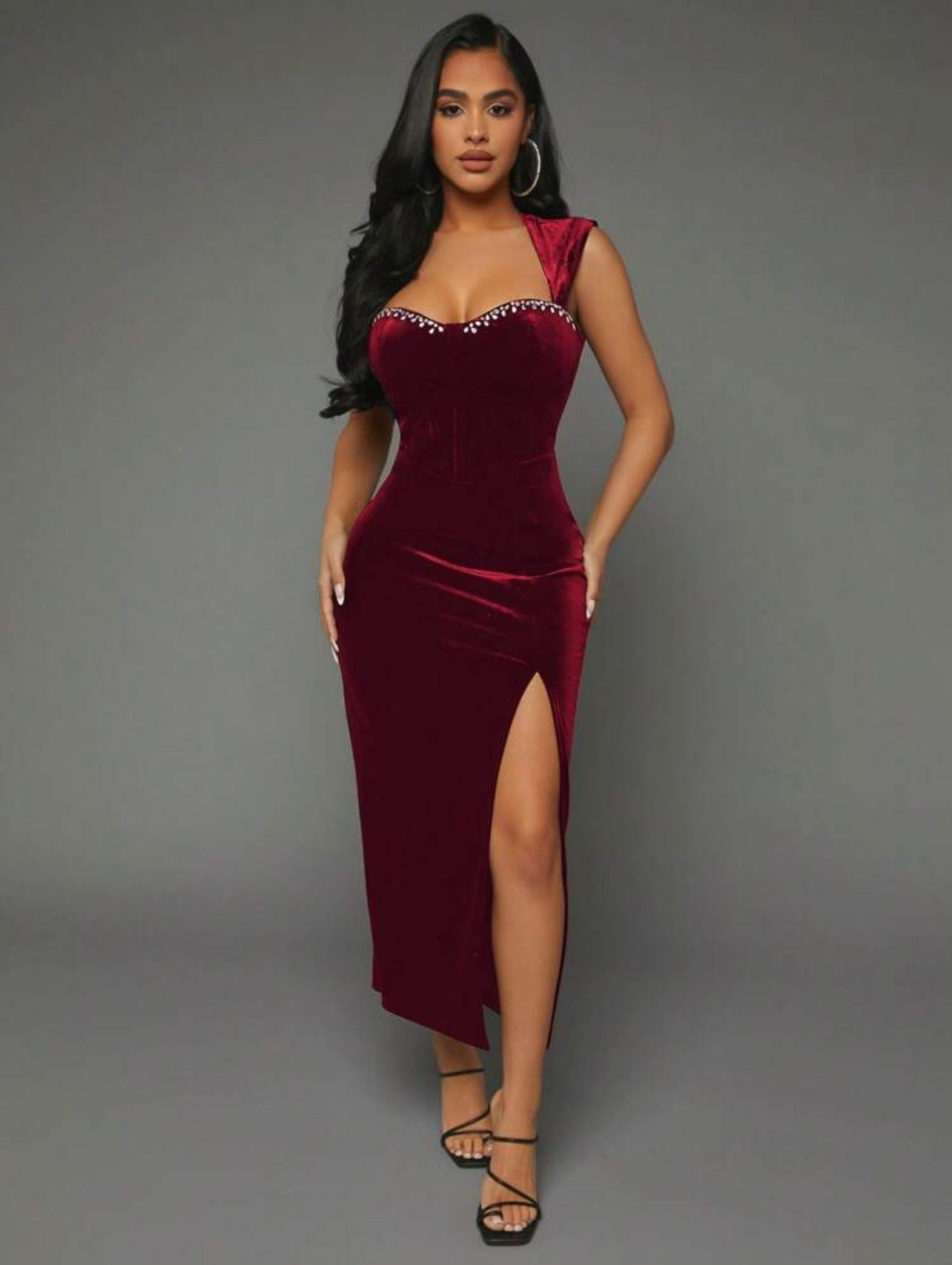 SHEIN SXY Rhinestone Detail Split Thigh Velvet Dress