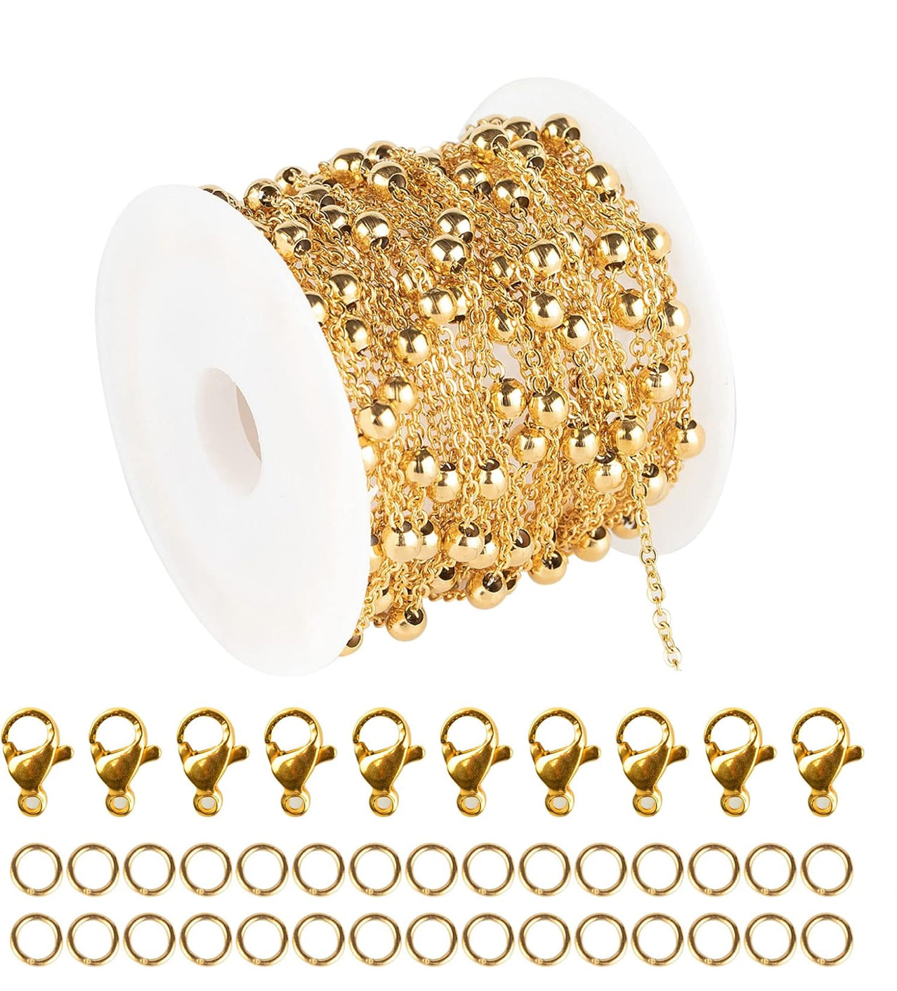 UMAOKANG 16.4 Feet Gold Stainless Steel Chains for Jewelry Making 4mm Ball Beaded Link Cable Chain Necklace Spool Bulk with 10 Lobster Clasps and 30 Jump Rings for Men Women
