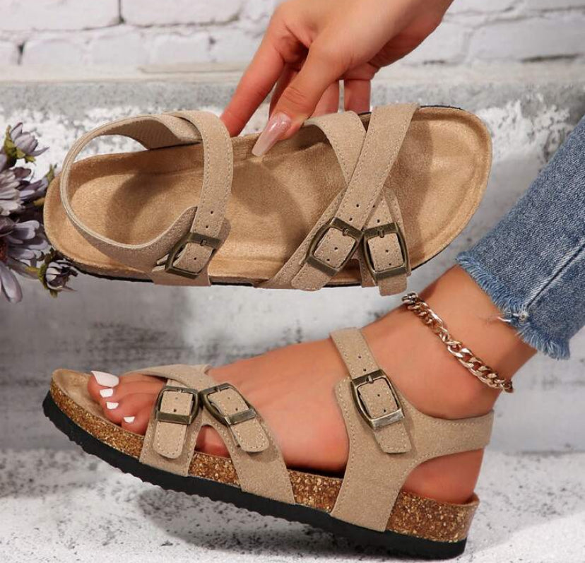 Womens Comfortable Arch Support Strappy Slip-On Modern Memory Foam Cushion Footbed Outdoor Adjustable Buckle Cork Footbed Slides For Sandals