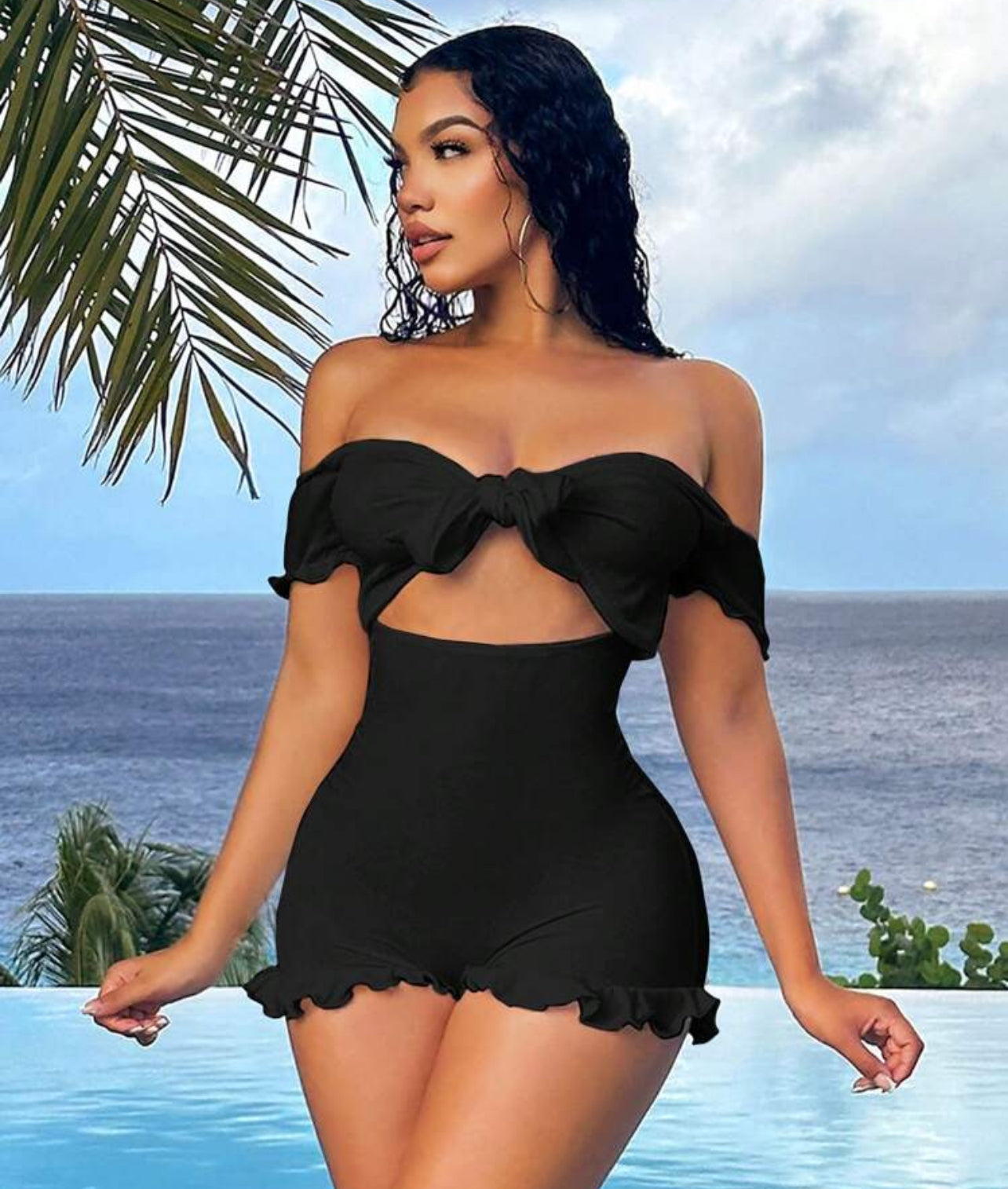SHEIN SXY Summer Vacation Holiday Beach Off Shoulder Front Tie Bowknot Puff Sleeve Ruffle Hem Women's Romper
