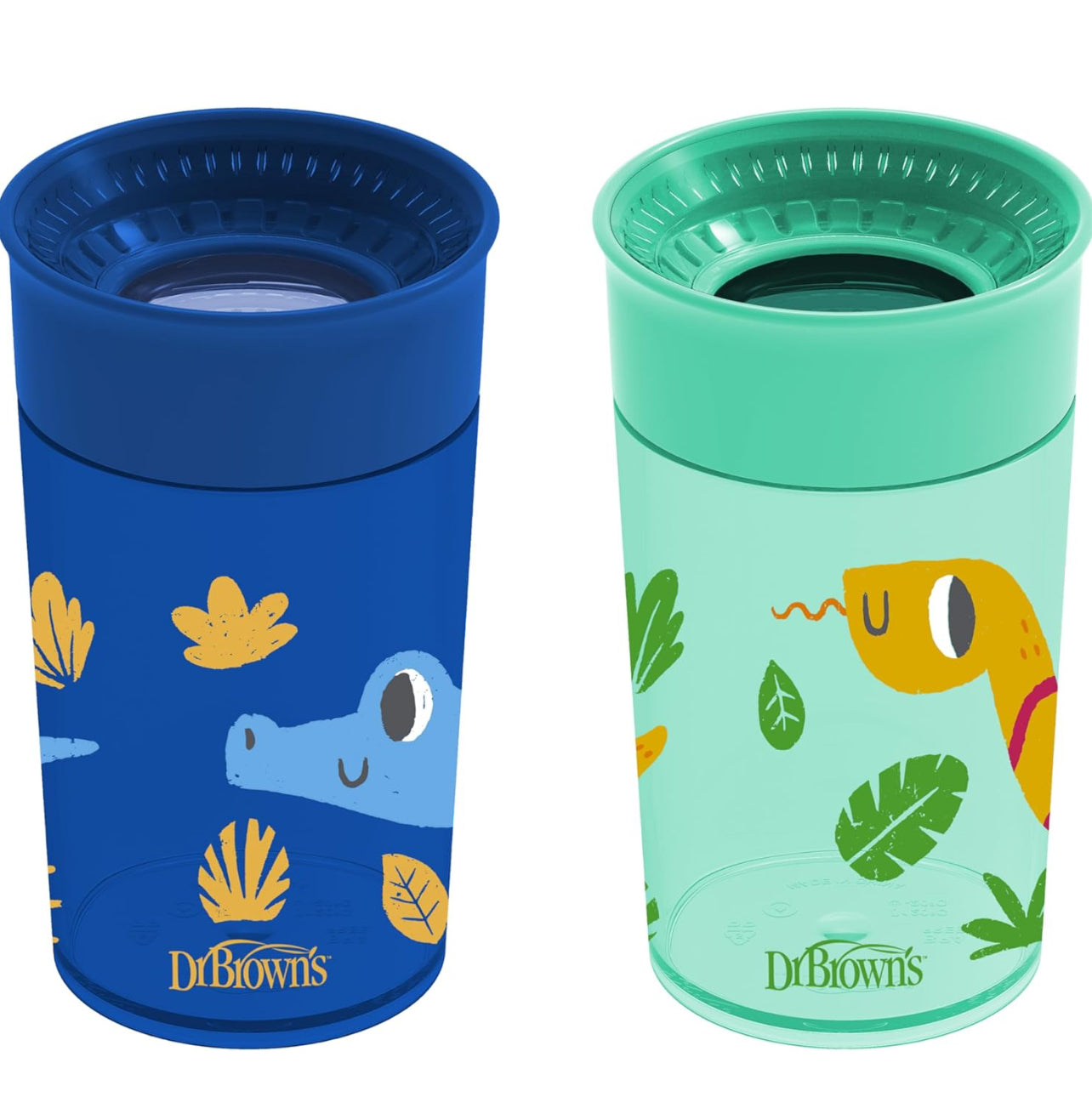 Dr. Brown's Milestones Cheers 360 Cup Spoutless Transition Cup, Travel Friendly & Leak-Free Sippy Cup, Blue Alligator – Turquoise Snake, 10 oz/300 mL, 2 Pack