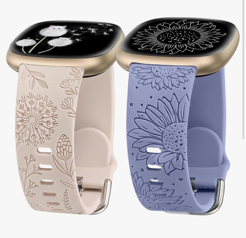 Minyee 2 Packs Floral Engraved Band Compatible with Fitbit Versa 4/Versa 3/Sense 2/Sense Band Women, Cute Silicone Dandelion Sunflower Design Soft Sport Fancy Summer Strap for Versa 4