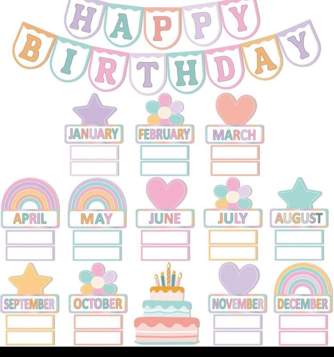 56 Pieces Happy Birthday Bulletin Board Set, Birthday Chart For Classroom, Birthday'S Board Classroom Decor, Birthdays Cutouts For School Wall Decoration