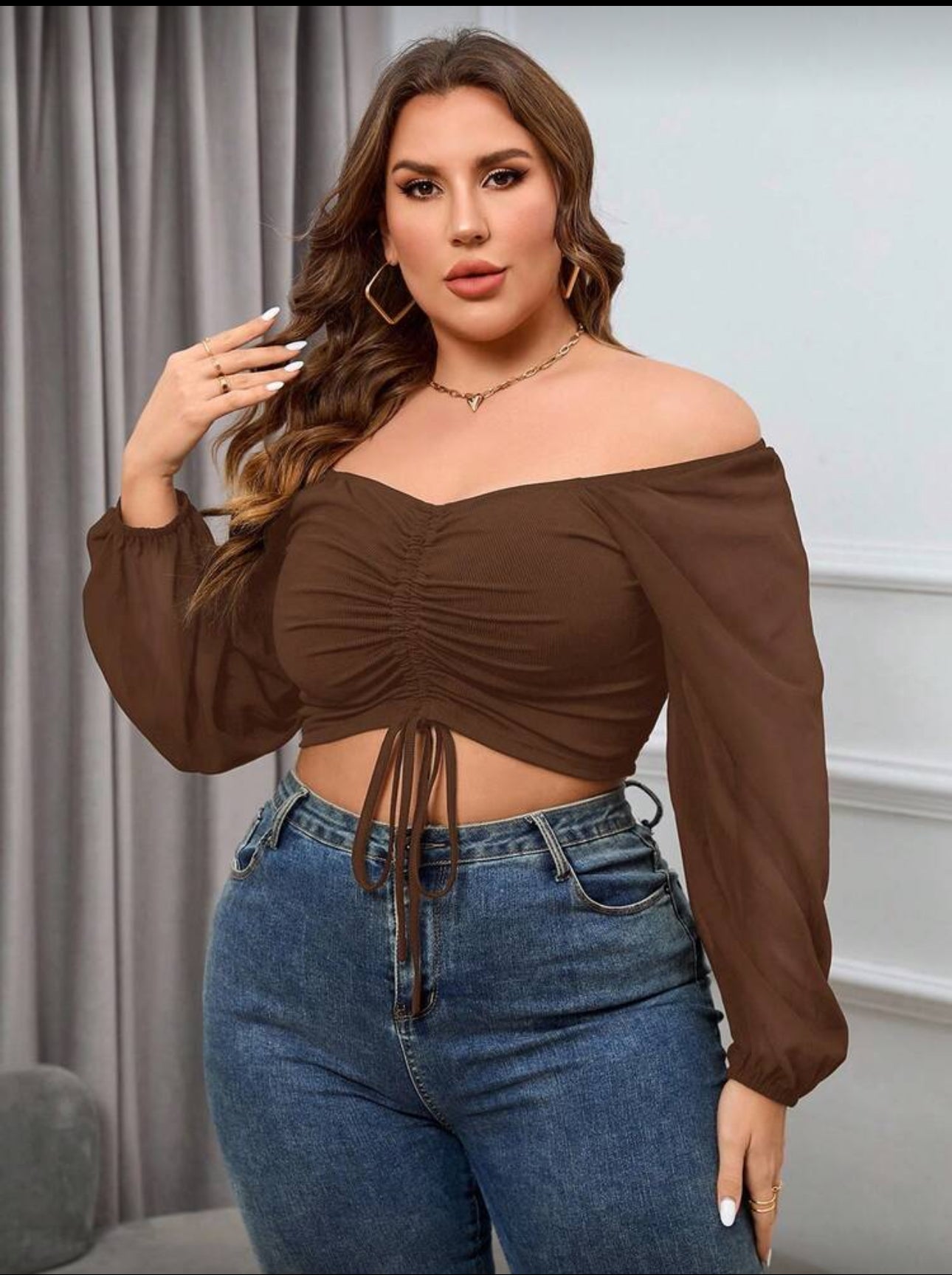 SHEIN Essnce Plus Size Women Solid Color Fashionable Off-Shoulder Lantern Sleeve Drawstring Cropped Stylish Top