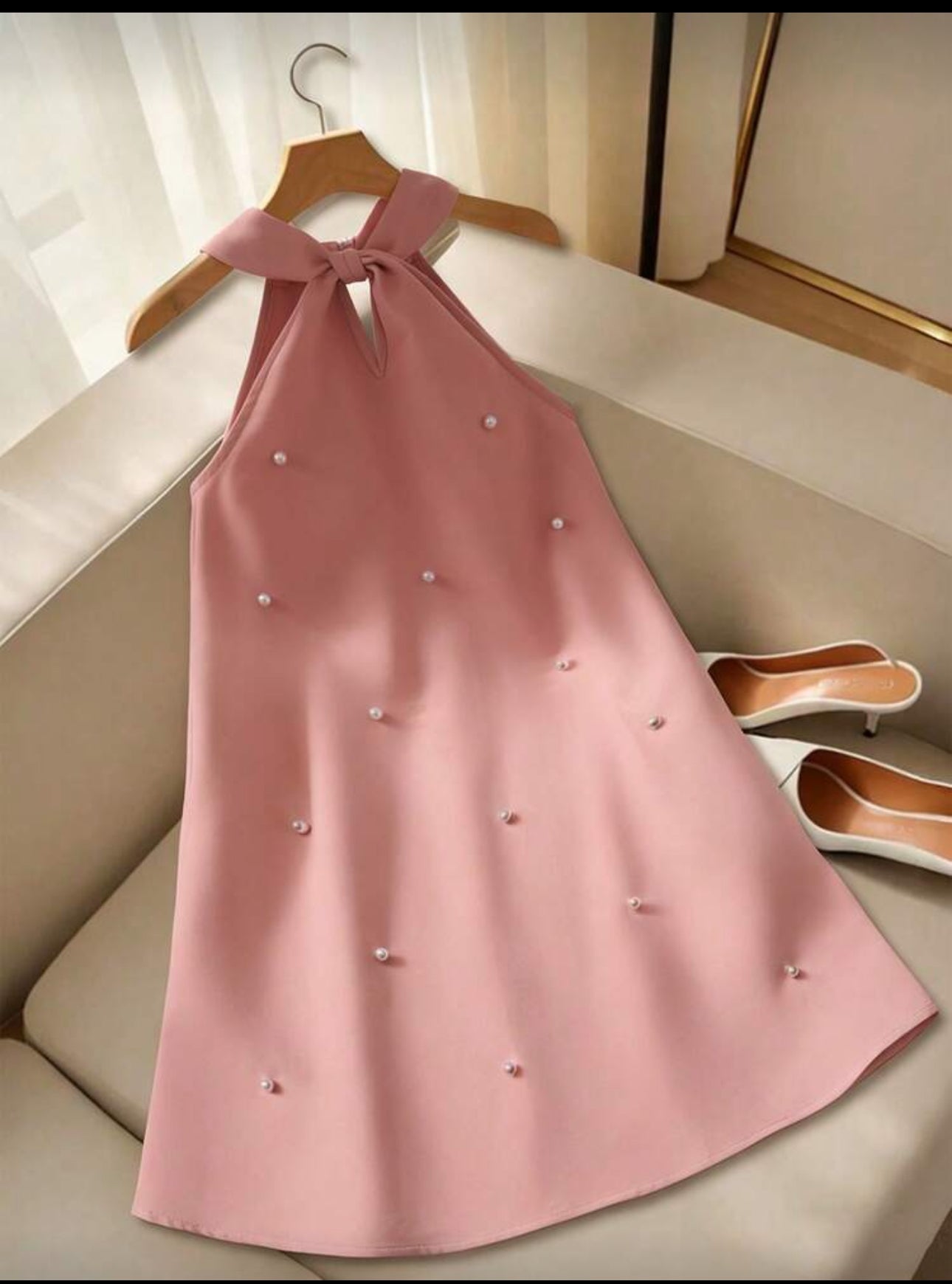 SHEIN Tween Girl Elegant Solid Color Halter Neck Beaded Back Bow A-Line Sleeveless Dress