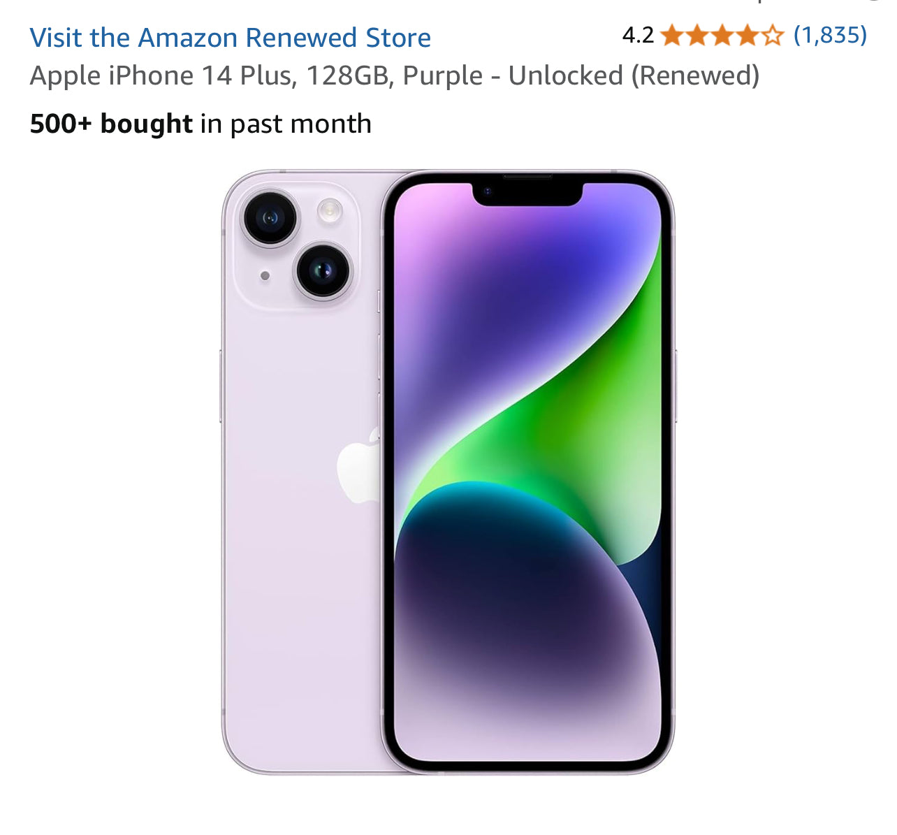 Apple iPhone 14 Plus, 128GB, Purple - Unlocked (Renewed)