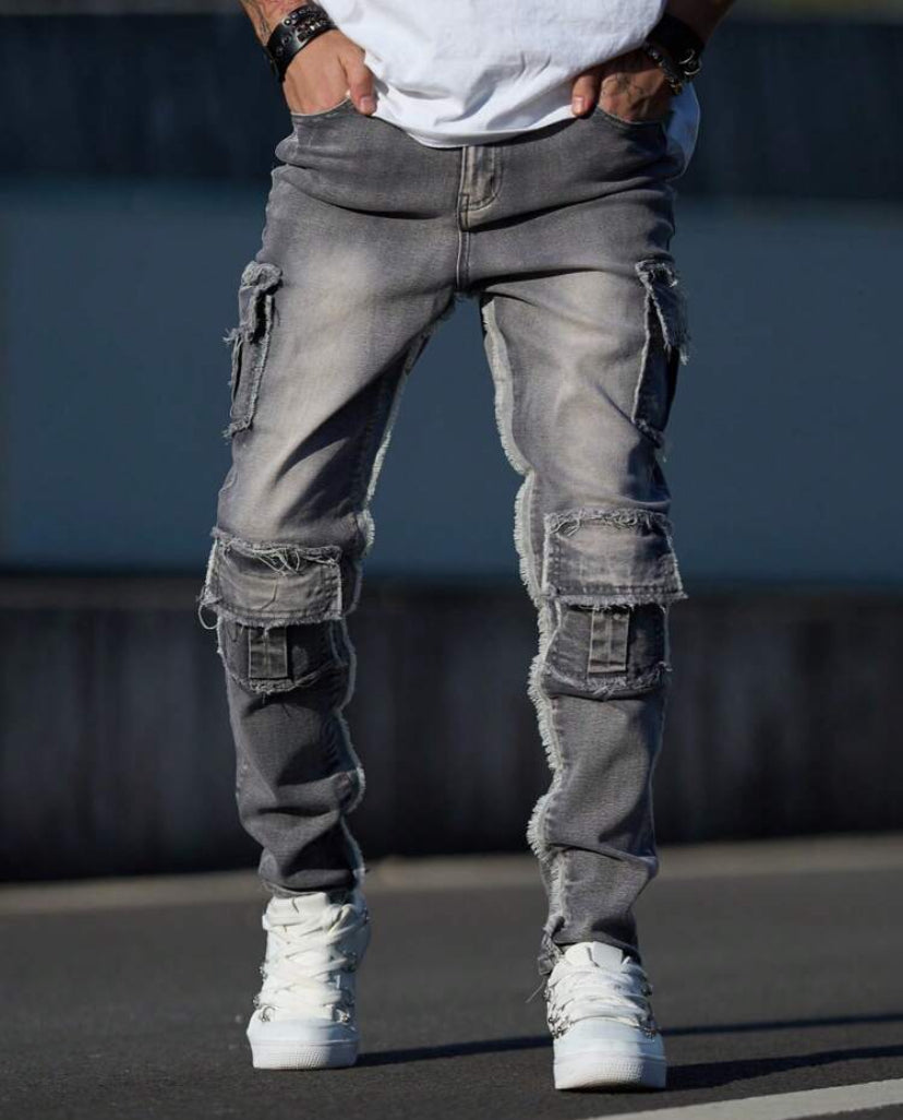 Men's Fashion Streetwear Cargo Jeans, Slim Fit Multi-Pocket Casual Trousers