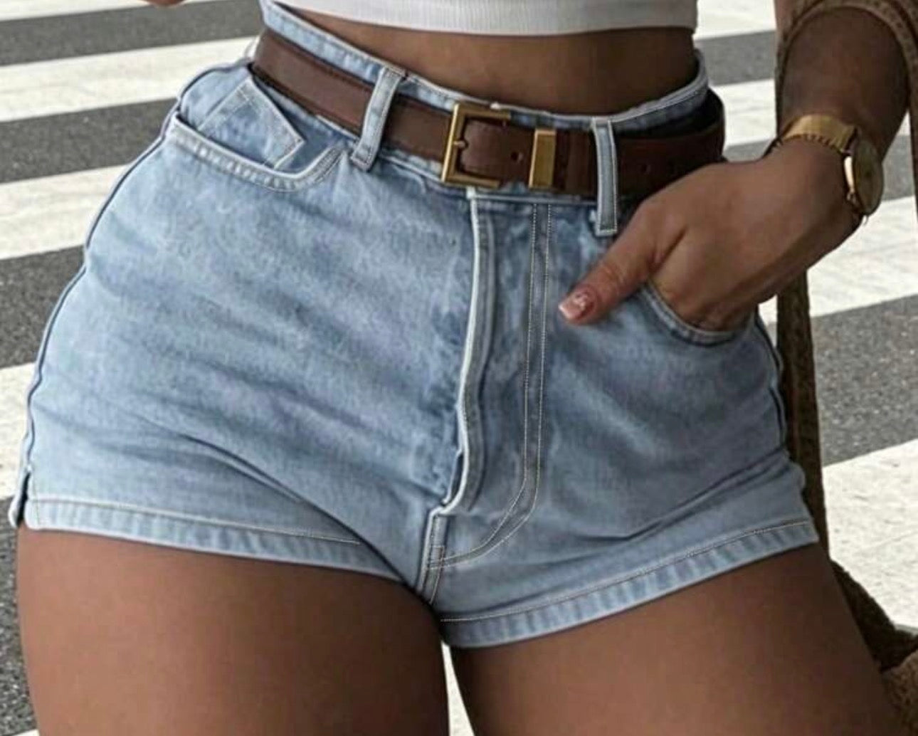 New Women's Casual Straight Leg Denim Shorts, Button Detail, Ankle Slit, Medium Stretch, Light Wash Blue Summer