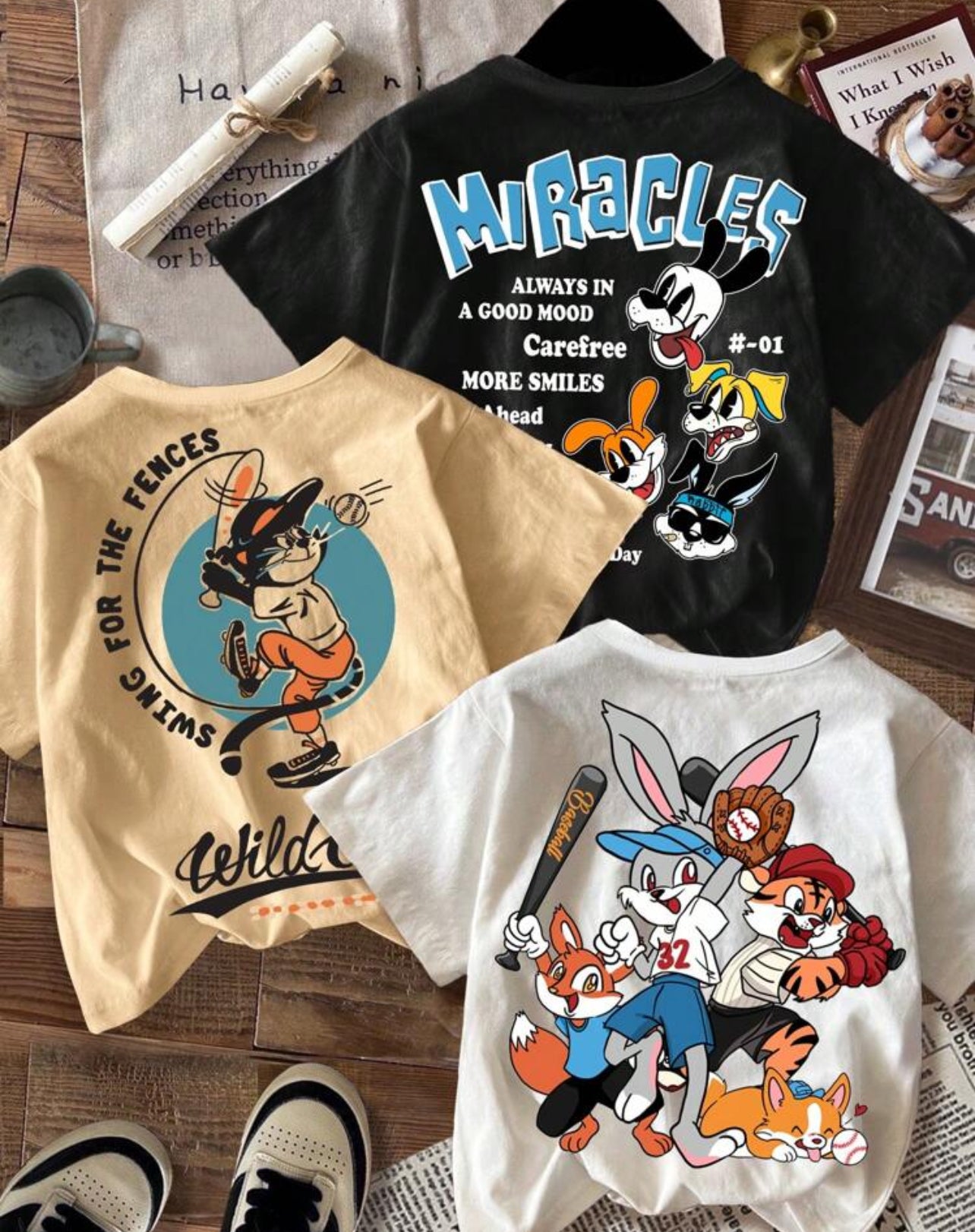 SHEIN 3pcs/Set Casual Simple Crew Neck Short Sleeve Baseball Player, Cool Cat, Rabbits, Young Boy Print T-Shirts, Suitable For Summer