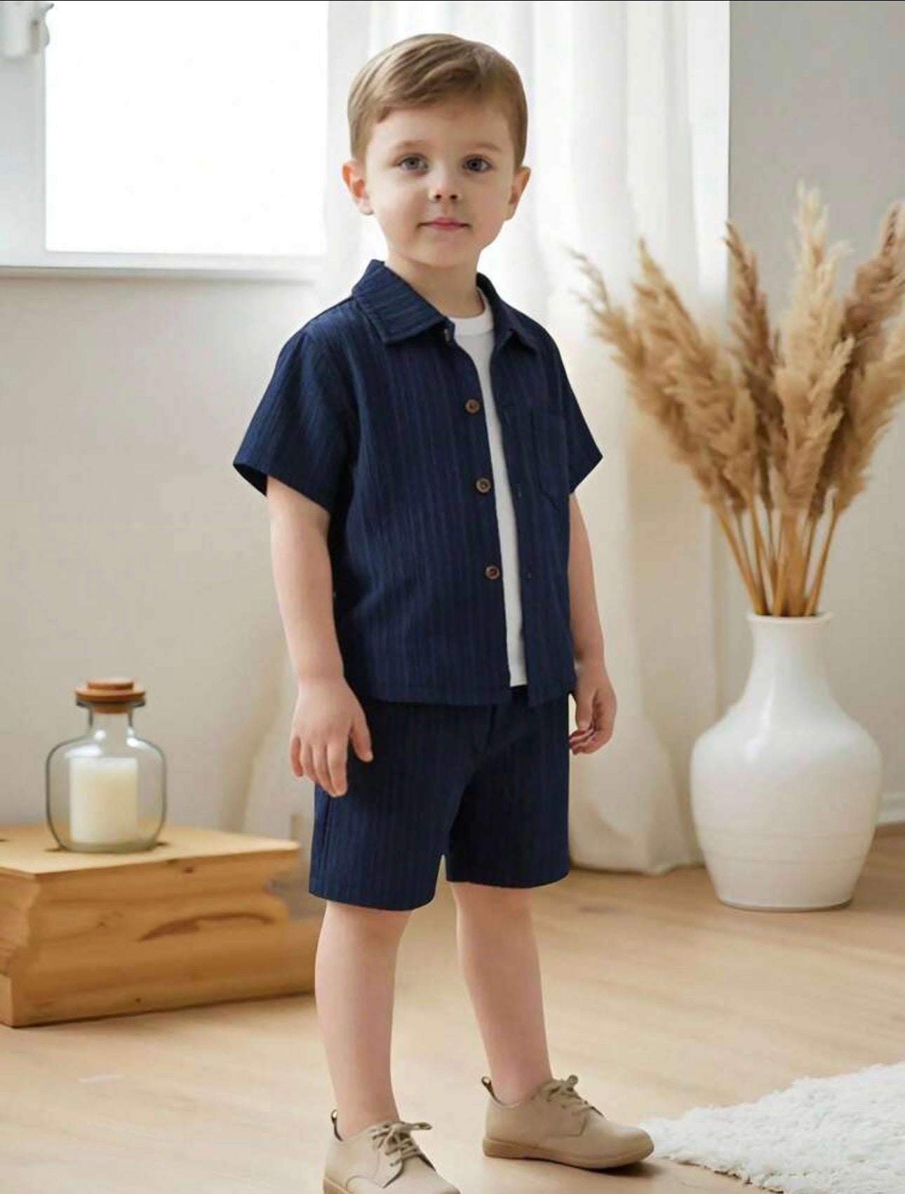 SHEIN Genkimix Kids Everyday Casual Young Boys Striped Navy Blue Short Sleeve Blouse With Pocket And Matching Shorts Co-Ords