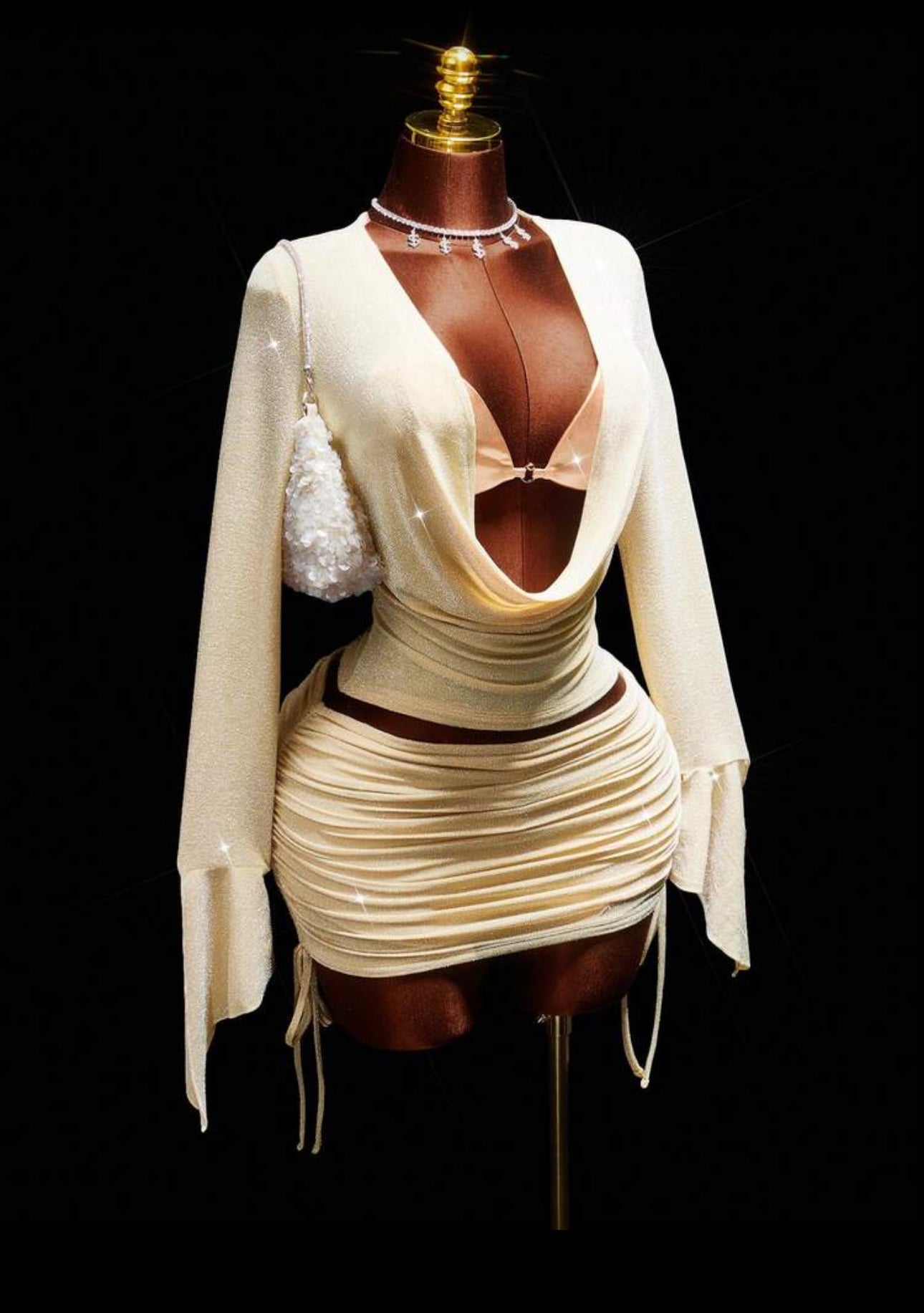 Amplova Women's Sexy 2 Pieces Set, Suitable For Party, Long Sleeve Top With Bra Cup And Mini Skirt, Autumn/Winter