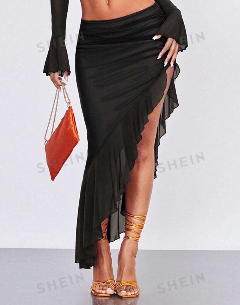 BAE Asymmetrical Ruched Ruffle Hem Mesh Skirt