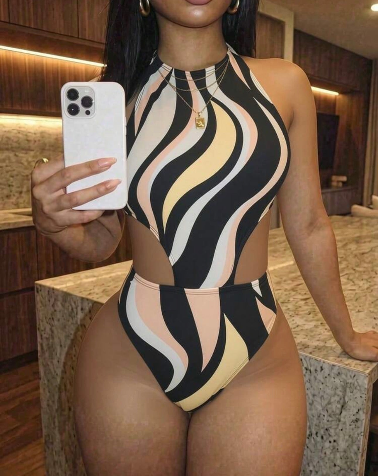 Slaydiva 2026 New Arrival Elegant Striped Print High Neck One-Piece Swimsuit, Women Casual Resort Beach One-Piece Swimsuit