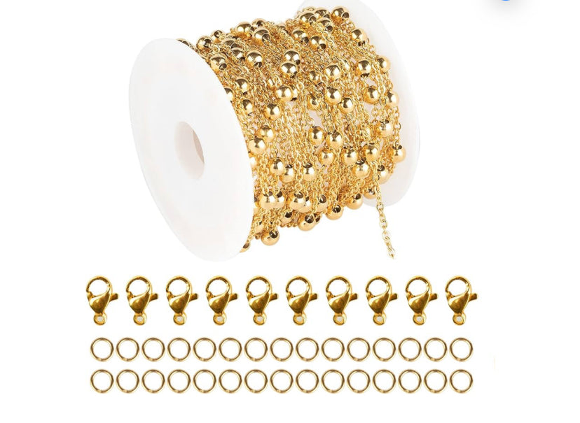 UMAOKANG 16.4 Feet Gold Stainless Steel Chains for Jewelry Making 4mm Ball Beaded Link Cable Chain Necklace Spool Bulk with 10 Lobster Clasps and 30 Jump Rings for Men Women