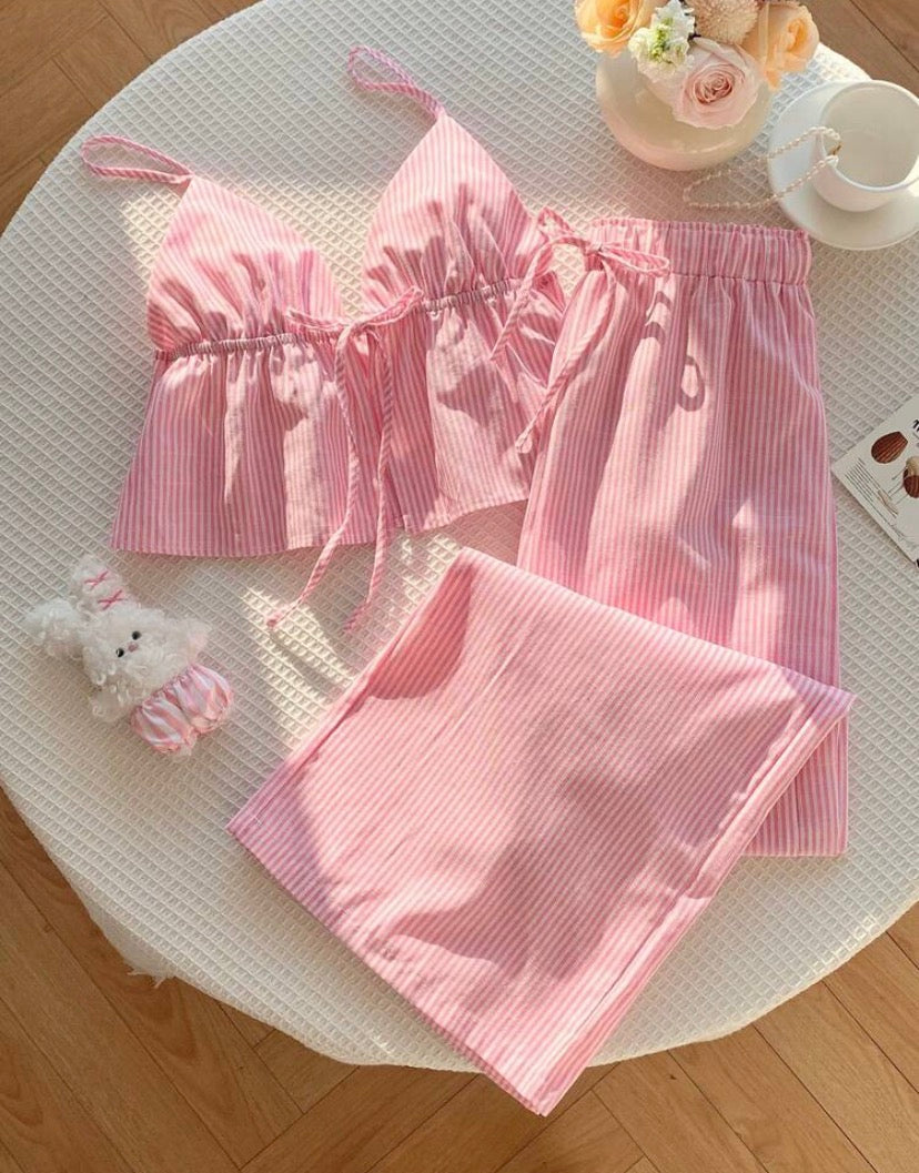 Comfortcana Women's 2 Pieces Woven Striped Casual Vacation Set, Spring/Summer Pink Sets For Women Women Summer Sets Pink Two Piece Set Cotton 2 Piece Set Pajama Set Summer Two Piece Set Pink Short Set