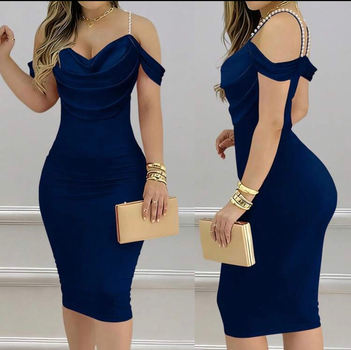 INAWLY Fitted Sexy Cowl Neck Ruched Off-Shoulder Spaghetti Strap Beaded Midi Dress For Women