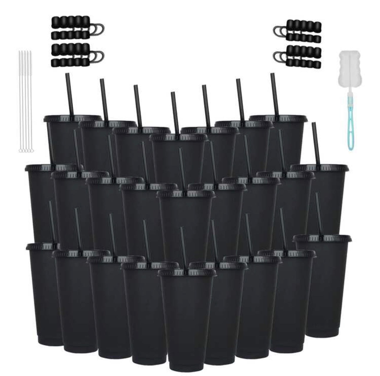 KAFUFU 25-Pack 24oz Pink Tumblers With Dust Caps - Reusable Drink Bottles & Party Cups For Coffee, Car Travel | Valentine's Day Gift Set, Includes Straws & Brushes, Bulk Orders Welcome (25, Black)