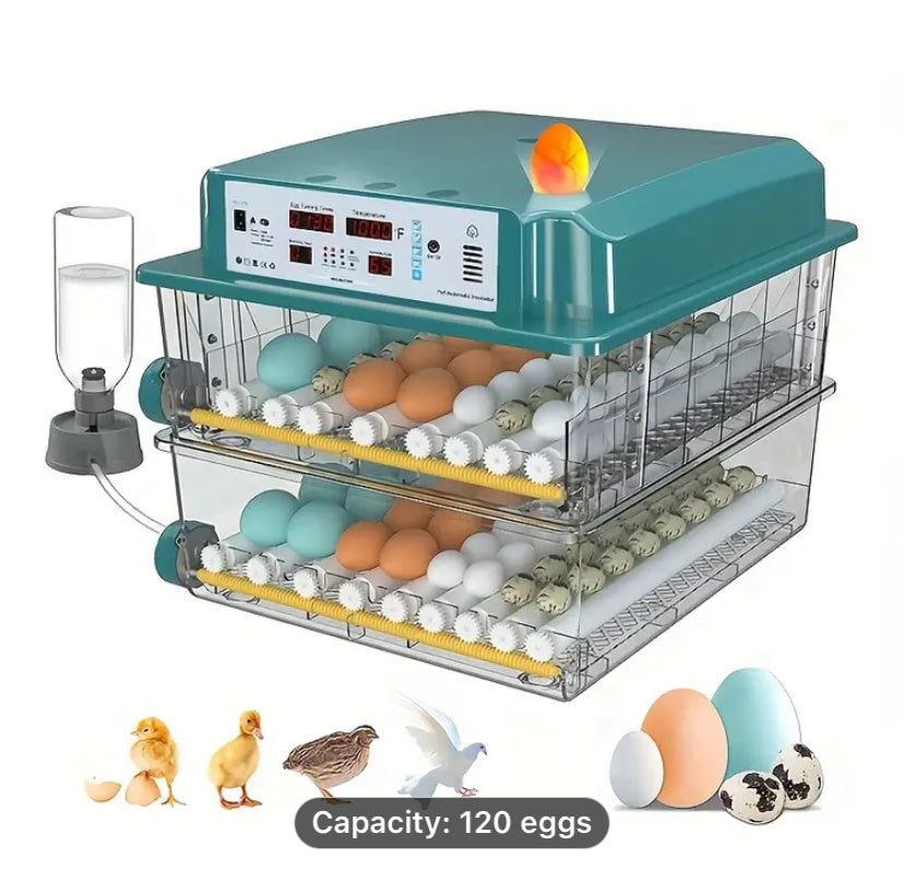 Incubator with capacity for 120 eggs, fully automatic incubation, can automatically turn eggs and add water automatically, equipped with humidity display and hatch days display functions, incubator with egg lighting, temperature control, suitable for labo