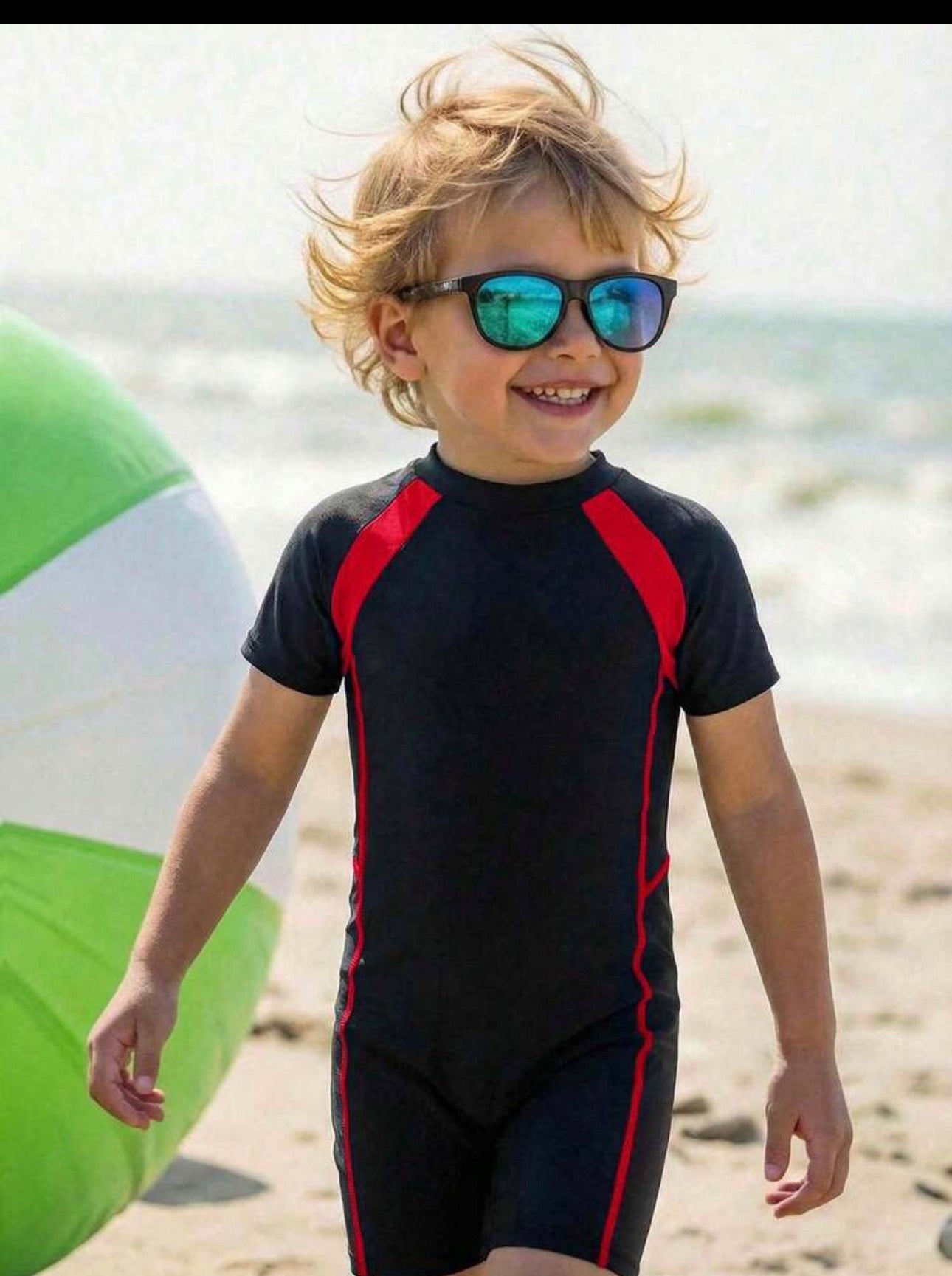 SHEIN Bubblio Young Boy Colorblock Round Neck Short Sleeve One-Piece Knit Swimsuit,Kids