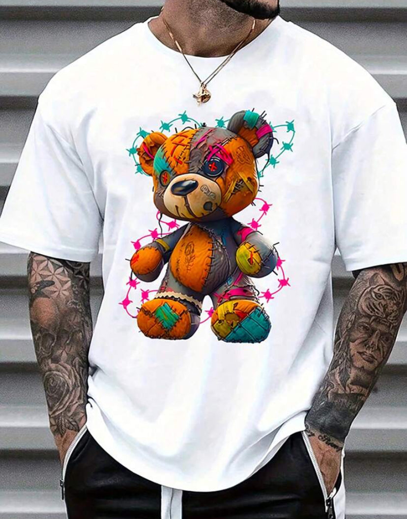 Men's Summer Cartoon Bear Printed Round Neck Short Sleeve Casual T-Shirt