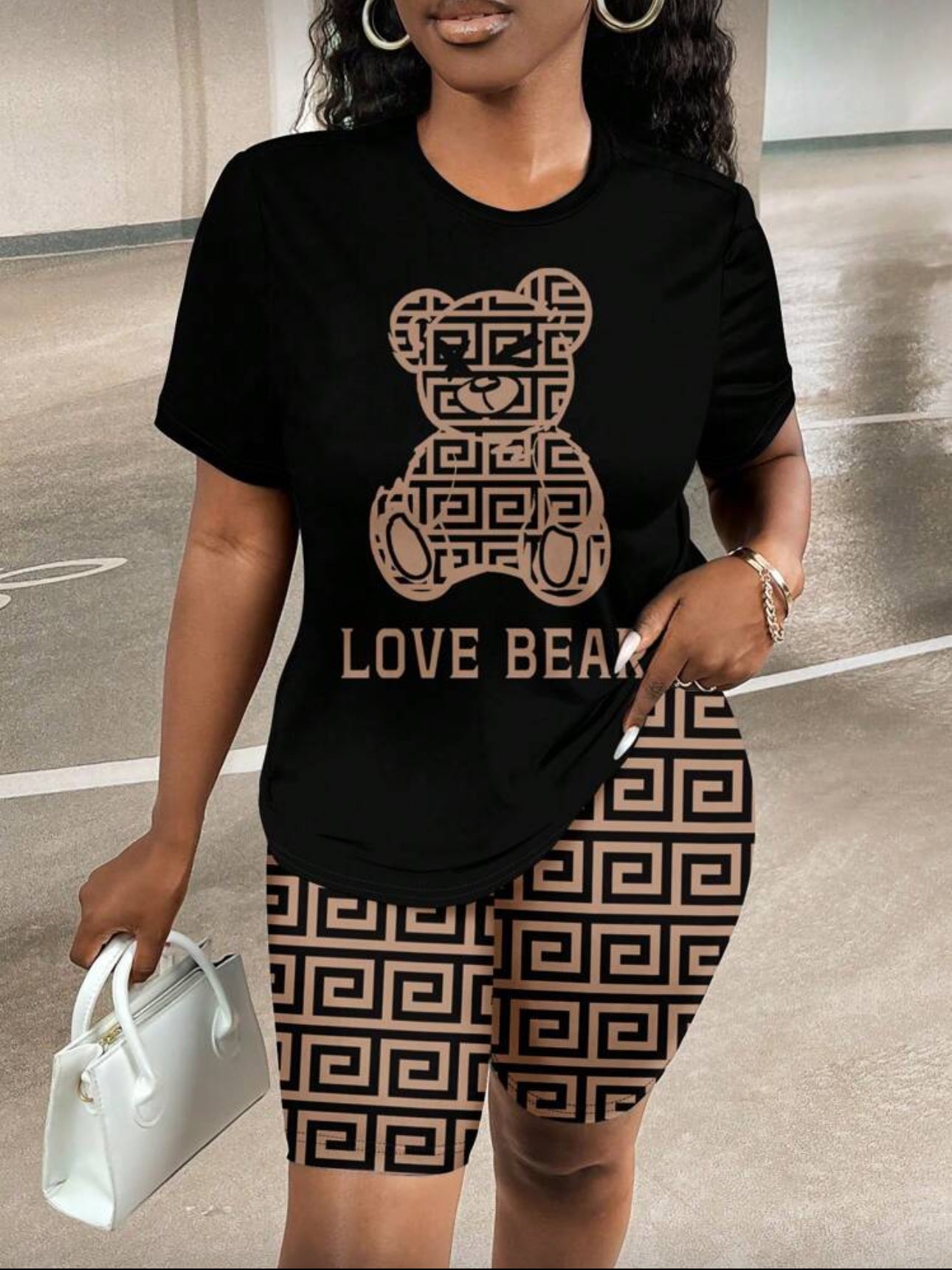Slaydiva 2pcs/Set Women's Short Fitted Round Neck "LOVE" Bear Graphic T-Shirt And Crop Leggings, Suitable For Summer,Summer Sets
