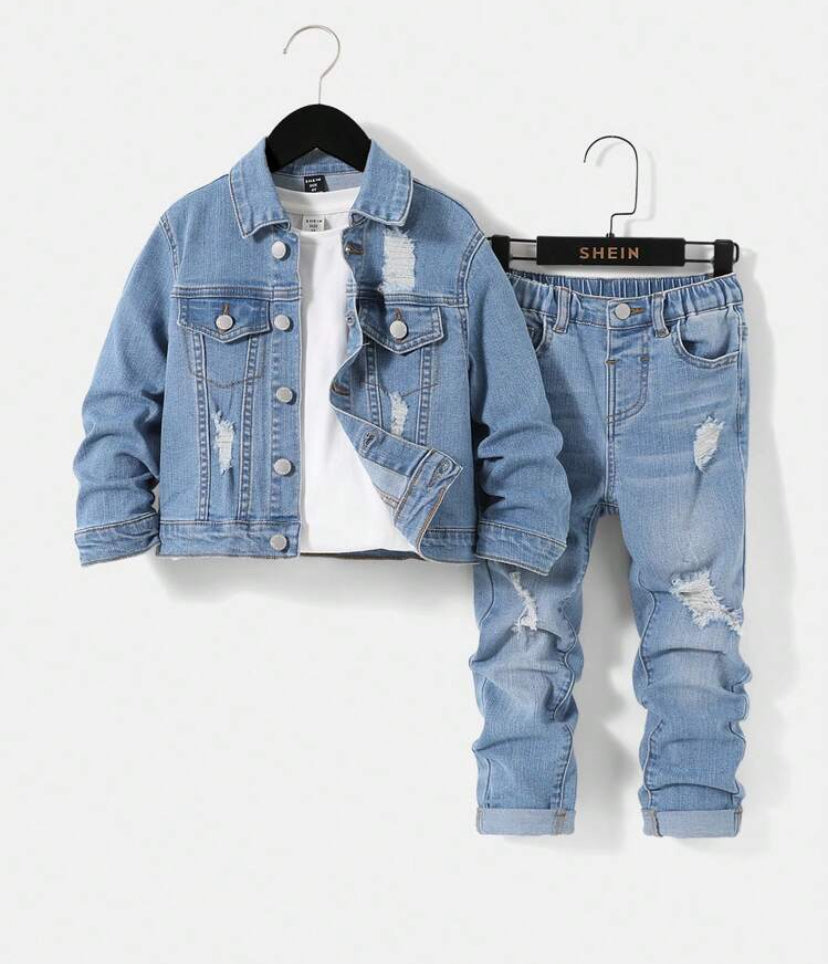 SHEIN Young Boy 2pcs/Set Casual Loose Long Sleeve Denim Jacket And Ripped Jeans Outfits