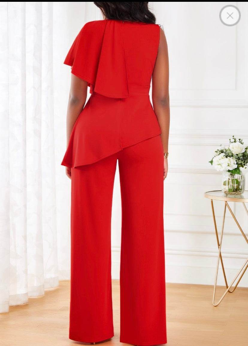 Red V Neck Sleeveless Ruffle Jumpsuit