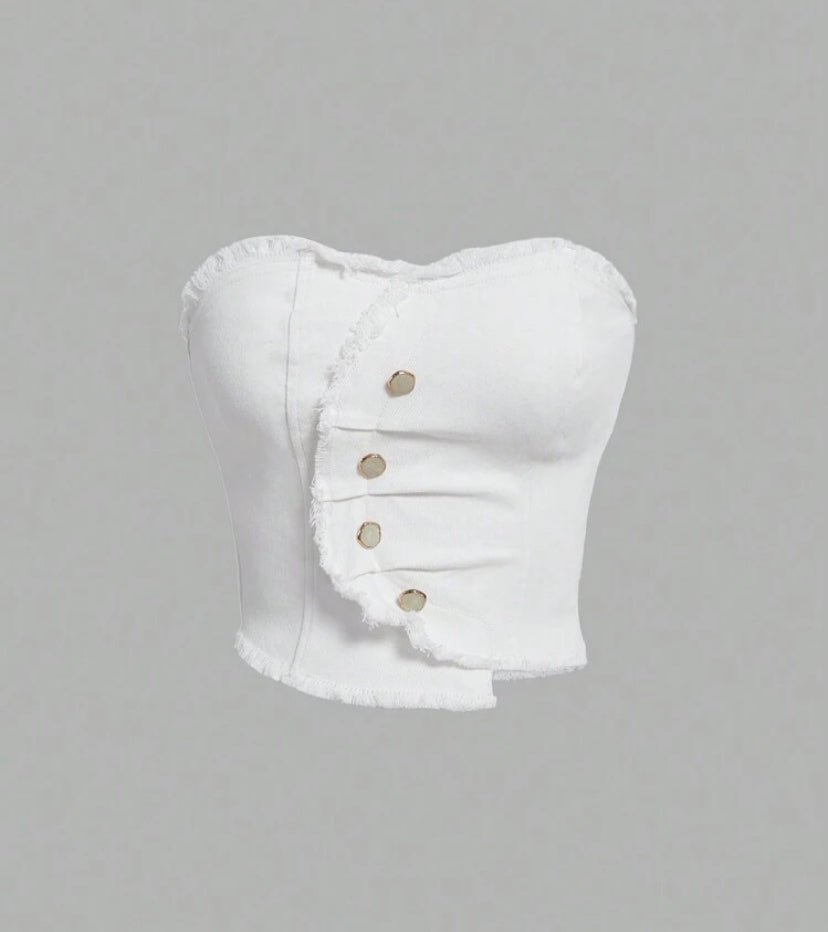 SHEIN MOD Women's Asymmetrical Hem Denim Strapless White Button-Embellished Bodice Top