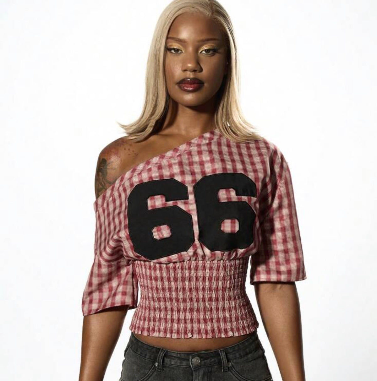 SUMWON WOMEN Retro Varsity Crop Top Cold Shoulder Shirred Waist Number Print Casual Retro Tee