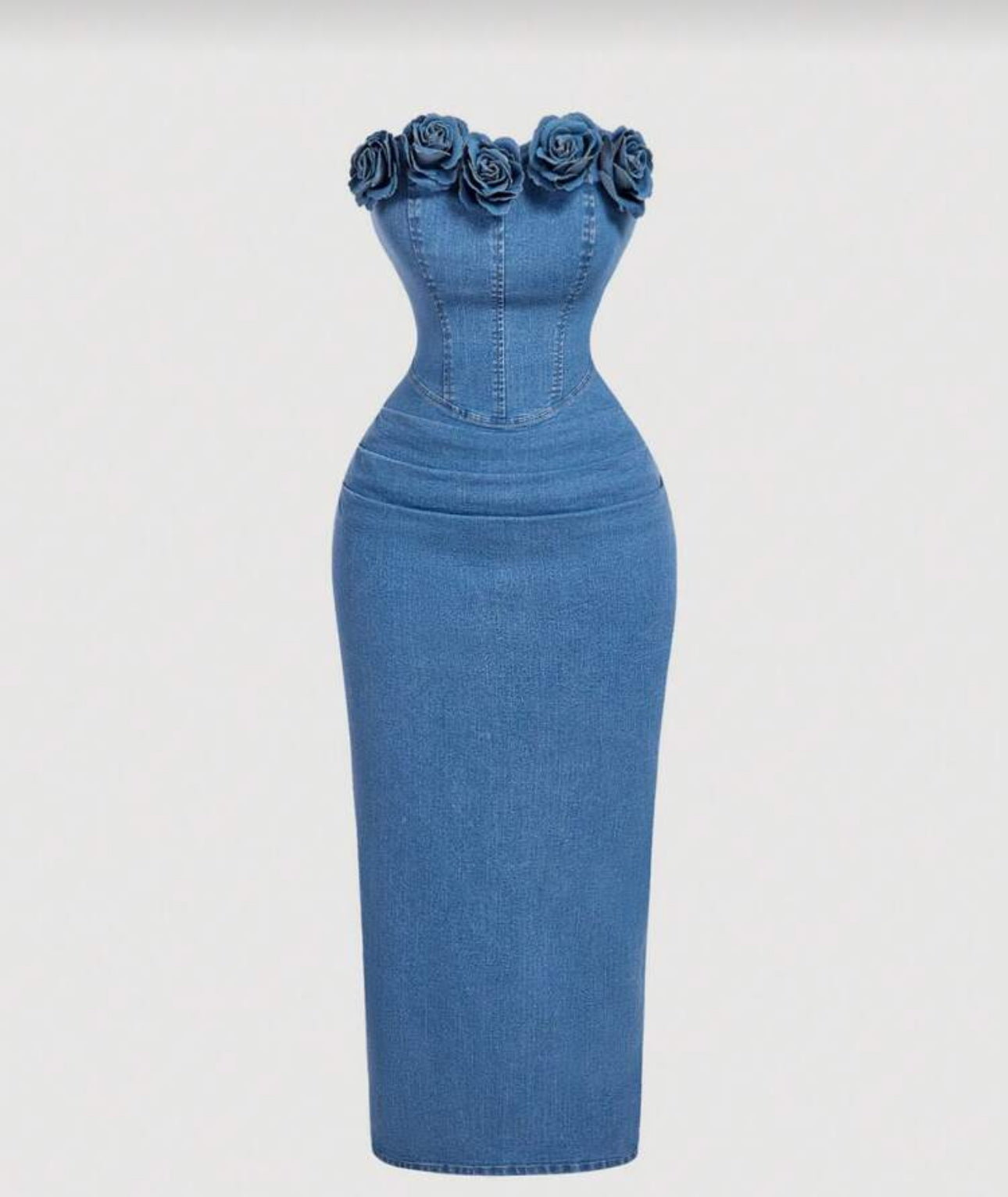 SHEIN MOD Women's Floral Decor Fitted Denim Tube Dress With Tie Straps ,Elegant Vacation Outfits Dresses,Blue Dress,Valentine's Day