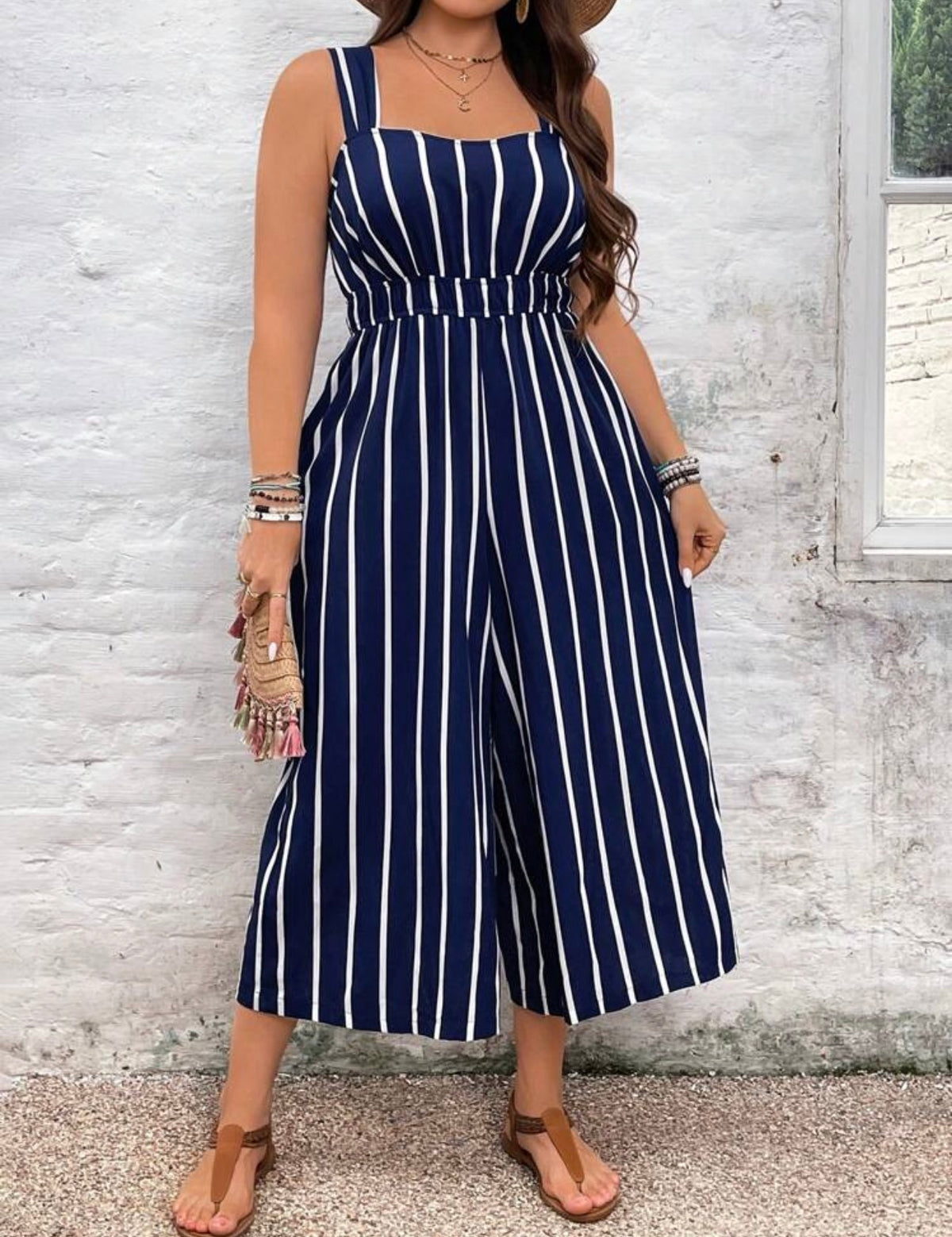 SHEIN VCAY Plus Size Boho Casual Striped Dark Blue Long Jumpsuit, For Summer