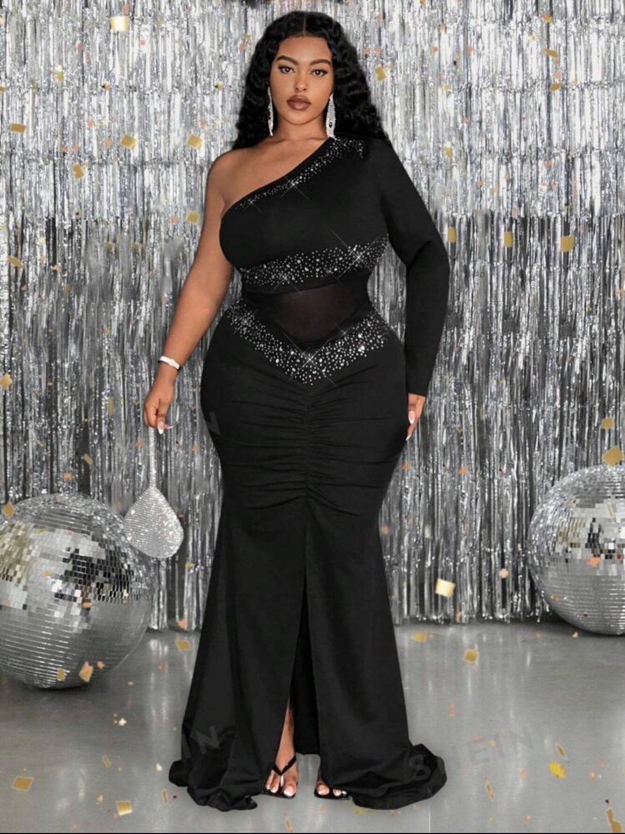 Plus Size Asymmetric Shoulder Long Sleeve Mesh Insert Rhinestone Embellished Split Fishtail Hem Formal Dress For Autumn/Winter