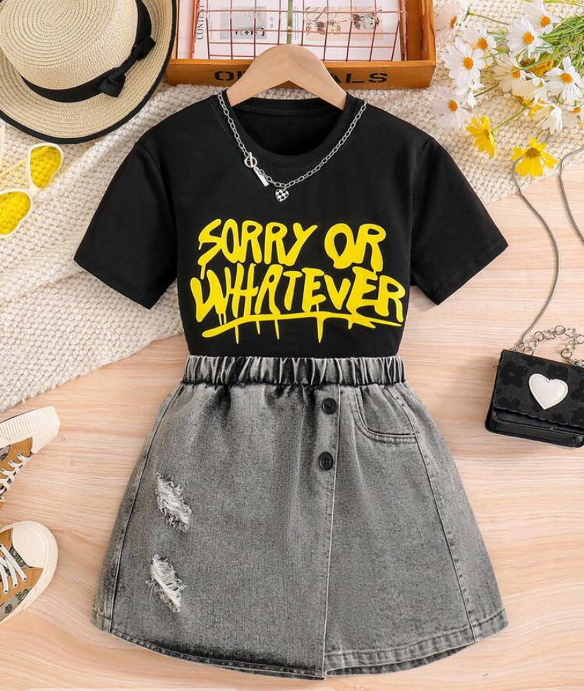 Tween Girls Slogan Graphic Tee & Ripped Denim Skirt
