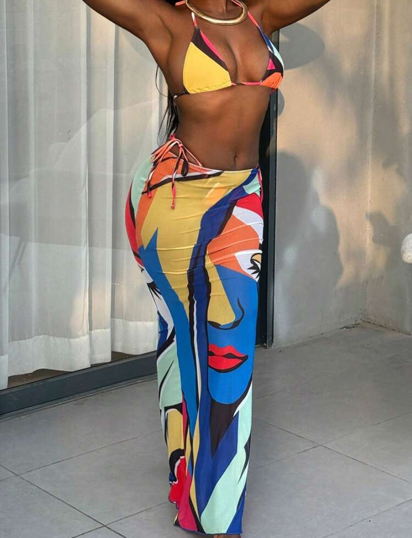 BamGleam 3pcs Spring Break Geometric Printed Halter Neck Side Tie Beach Dress Swimsuit Bikini Set For Women, Summer Vacation Dates