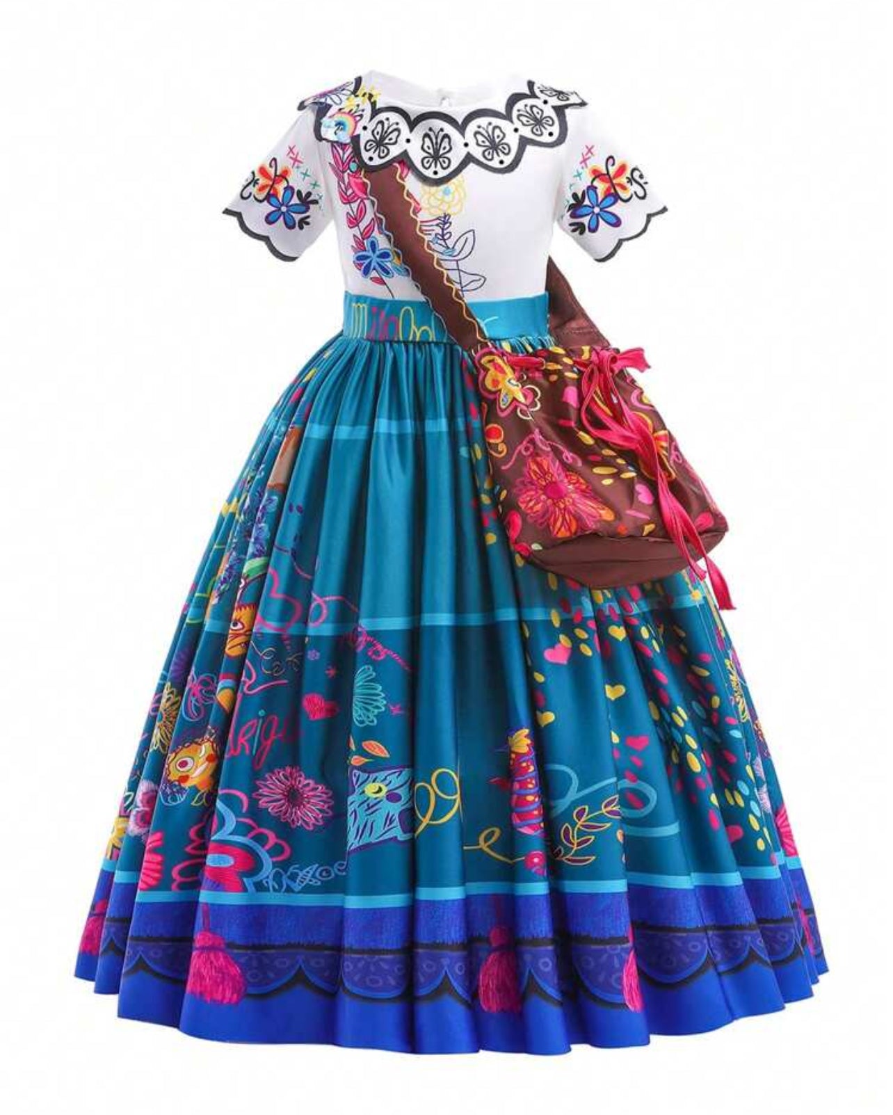 Tween Girl Floral Print Contrast Lace Bow Back Party Dress With Bag