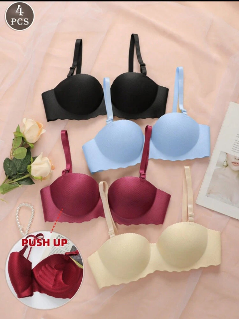 4PCS Women's Small Chest Underwear, Seamless & Wireless Bralette, Push-UP & Solid Bras