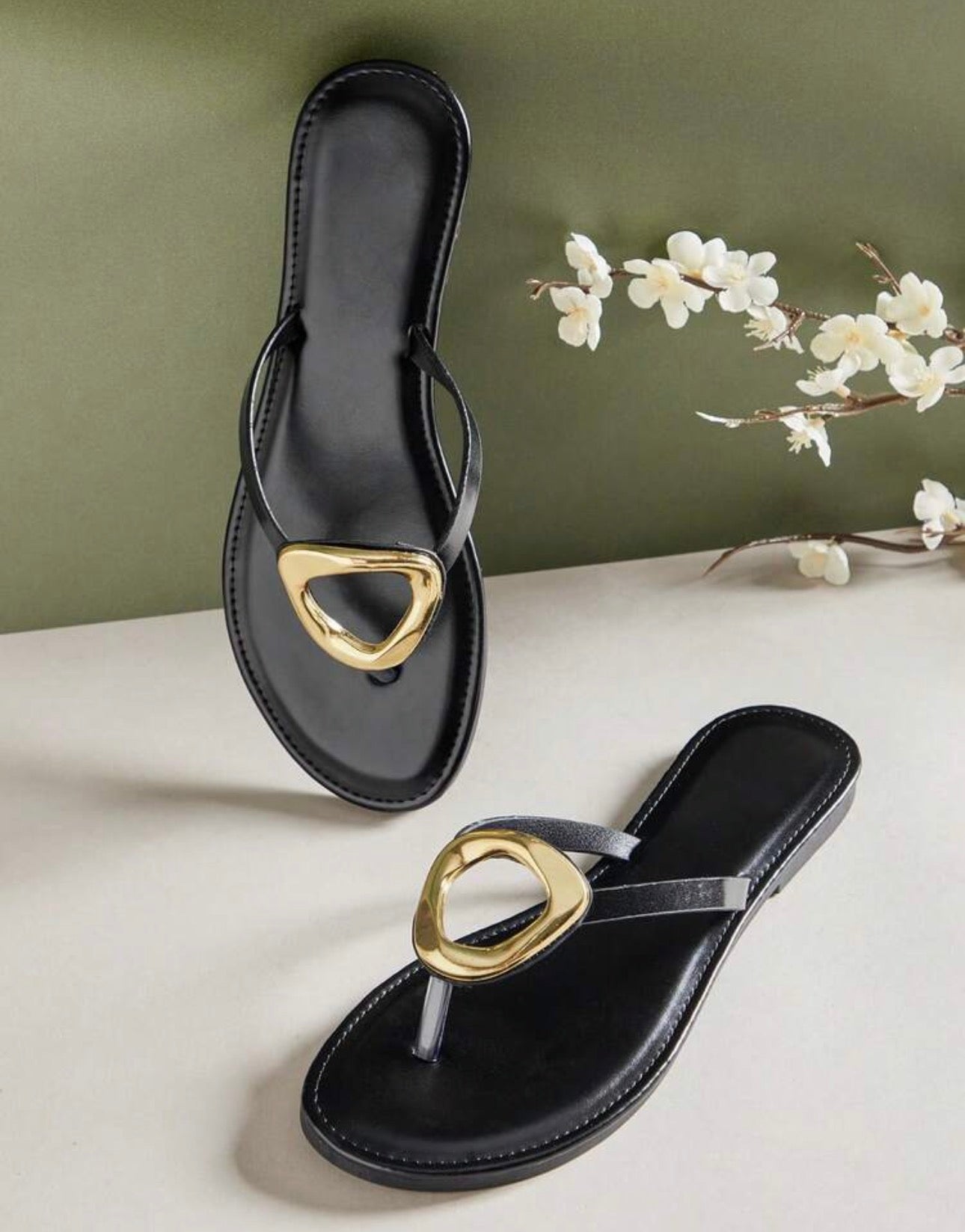 SHUZIA Women Comfortable Metal Ornament Slip-On Flat Sandals Summer Shoes