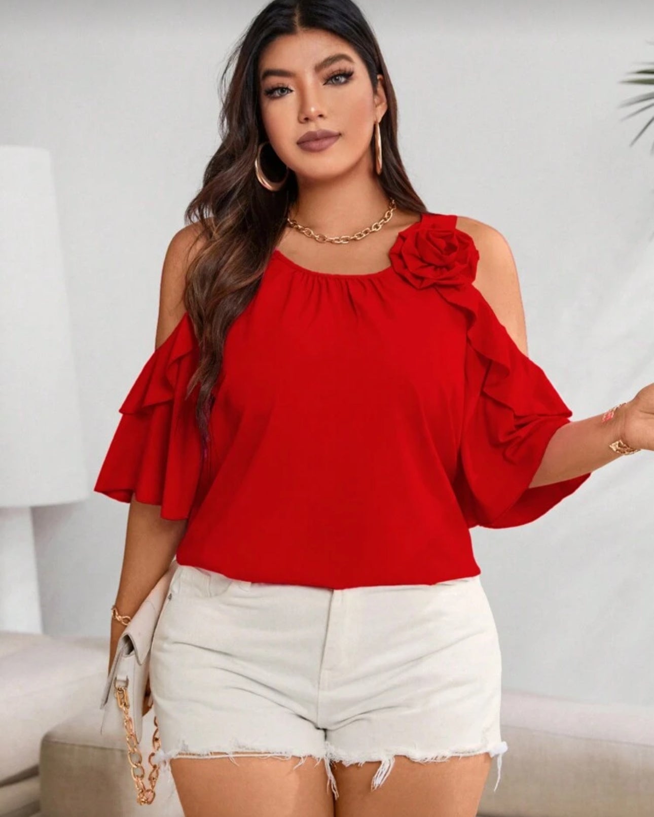 SHEIN Clasi Plus Cold Shoulder Ruffle Trim Blouse For Summer For New Year Clothes