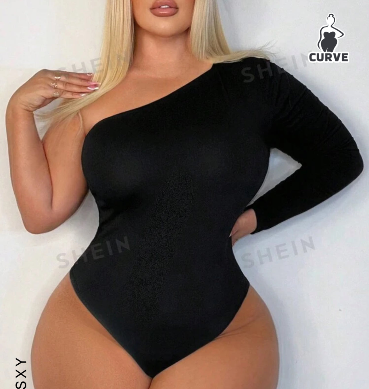 SXY Women Plus Curve Solid One Shoulder Slim Fit Black Bodysuit
