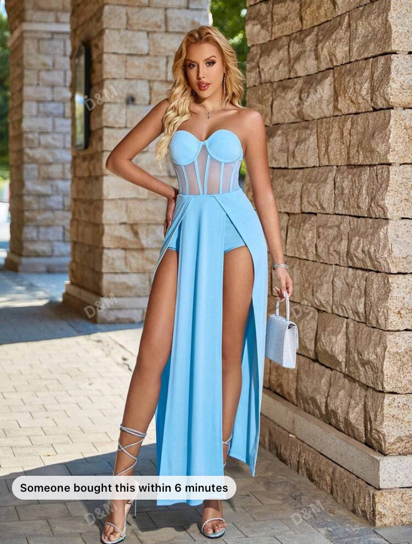 D&M Light Blue Fishbone Press Line Bandeau Style Mesh Patchwork Perspective Split Bust Jumpsuit Dress