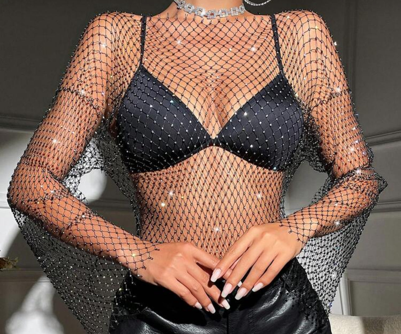 Women's Rhinestone Mesh V-Neck Loose Shoulder Party Top, Summer