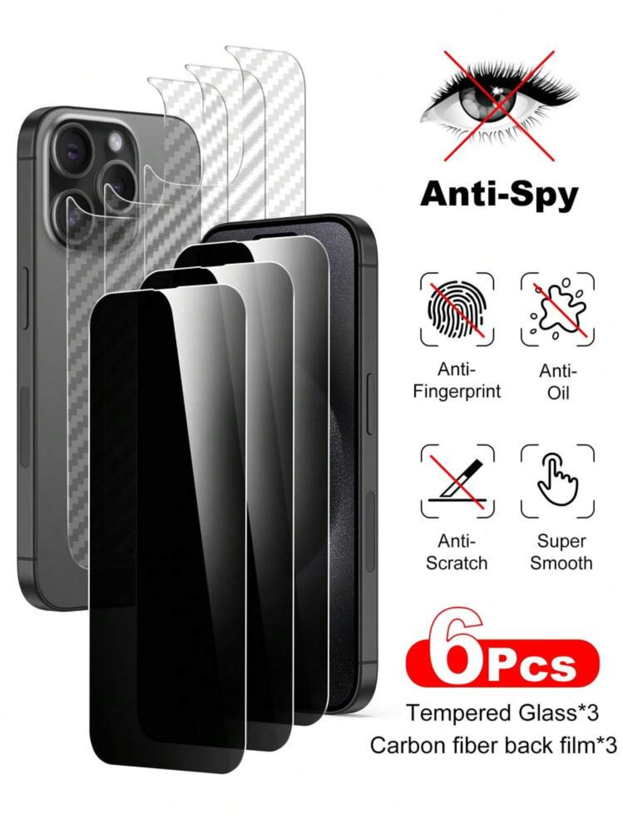 3pcs Anti-Spy Privacy Screen Protector + 3pcs Carbon Fiber Anti-Fingerprint Tempered Glass Screen Protector, Compatible With Apple IPhone 6-16 Series, IPhone 14 6.1", IPhone 13/13 Pro 6.1", IPhone 15/15 Pro Max, IPhone 16/16 Pro/16 Pro Max