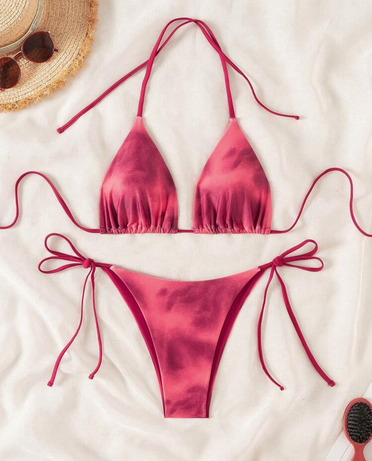 SHEIN Swim Tie-Dye Halter Triangle Beach Bikini Set, Random Printed, Summer,Summer Beach