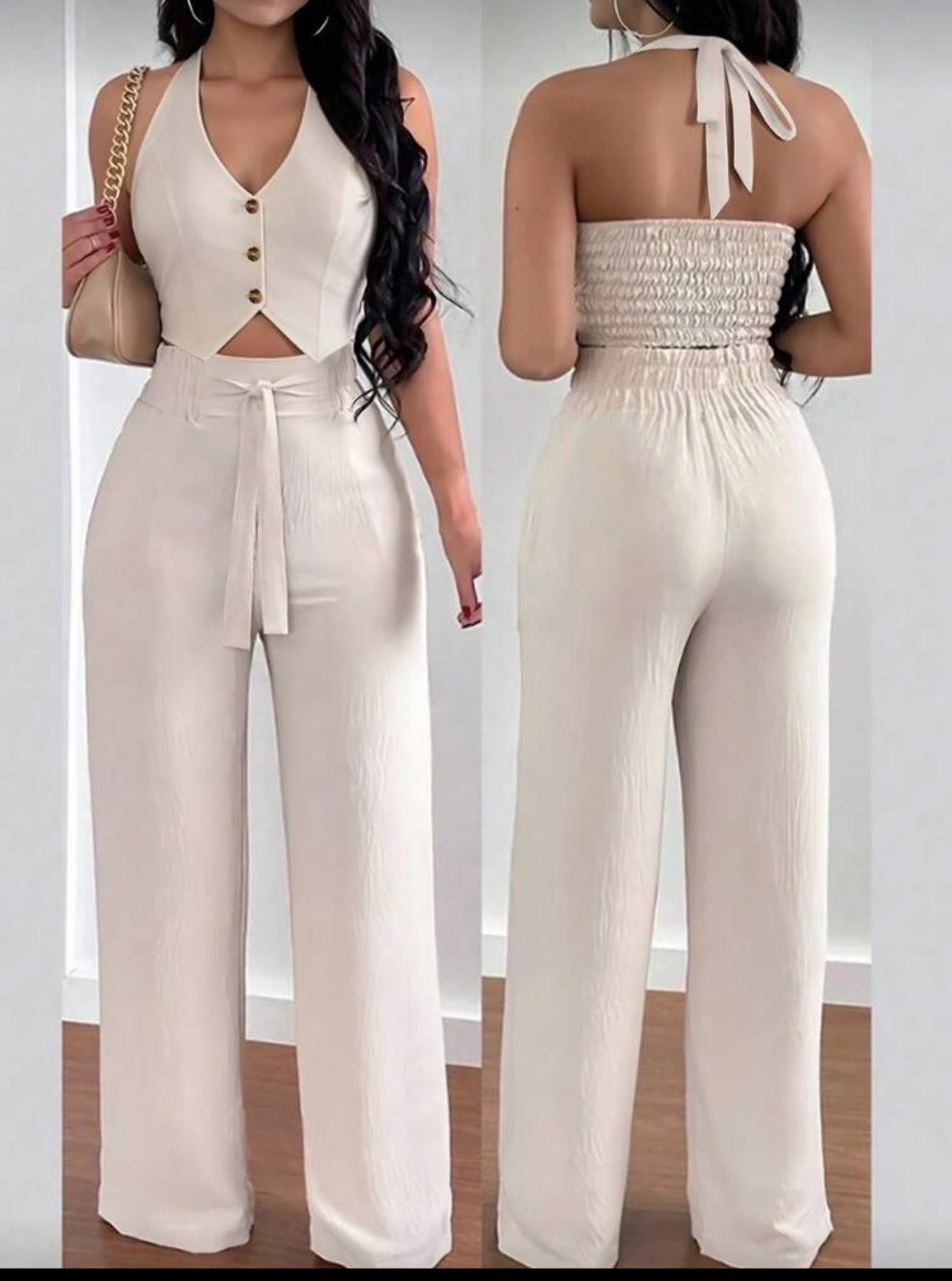 INAWLY 2pcs Set Women Casual Holiday Tied Neck Halter Top & Wide Leg Pants