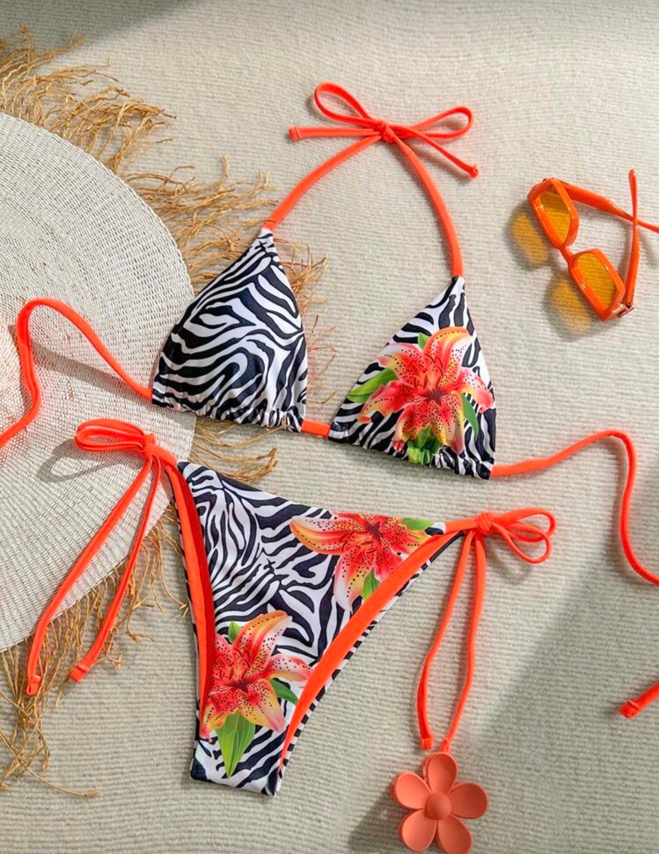 Soleia 2pcs Colorful Zebra Print Floral Pattern Contrast Color Bikini Set, Beach Vacation