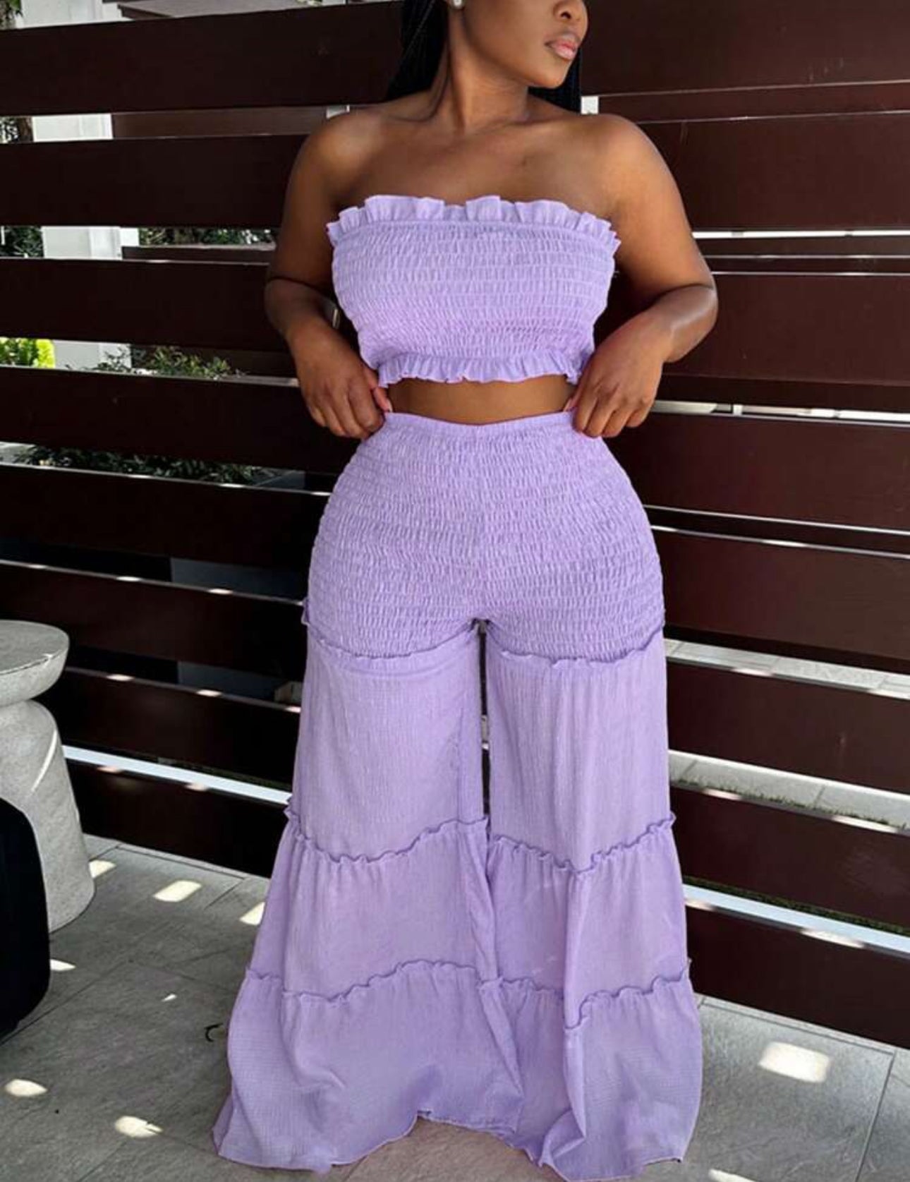 HN311 Elegant Smocked Bandeau Top & Flowy High-Waist Pants Set - Perfect For Vacation & Beach